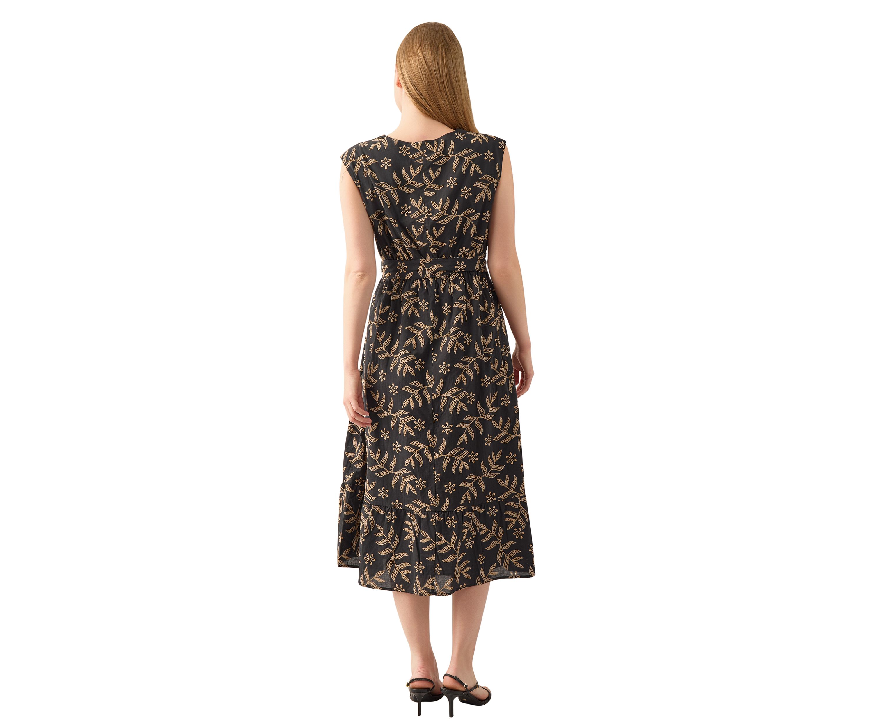 Womens Extended Cap Sleeve V-Neck Midi Tiered Dress