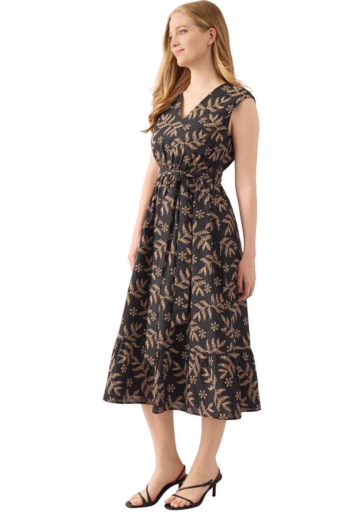 Womens Extended Cap Sleeve V-Neck Midi Tiered Dress