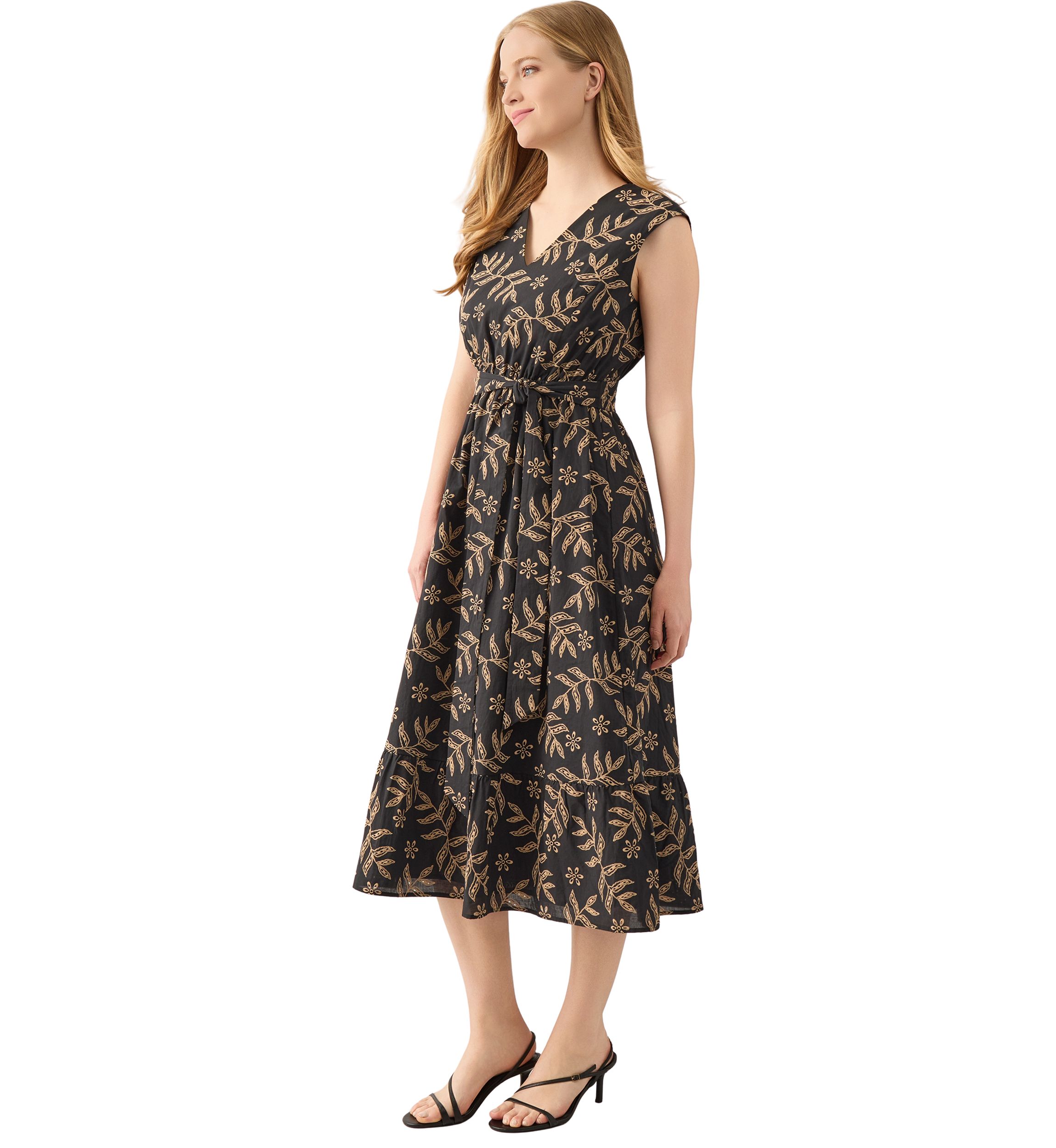 Womens Extended Cap Sleeve V-Neck Midi Tiered Dress