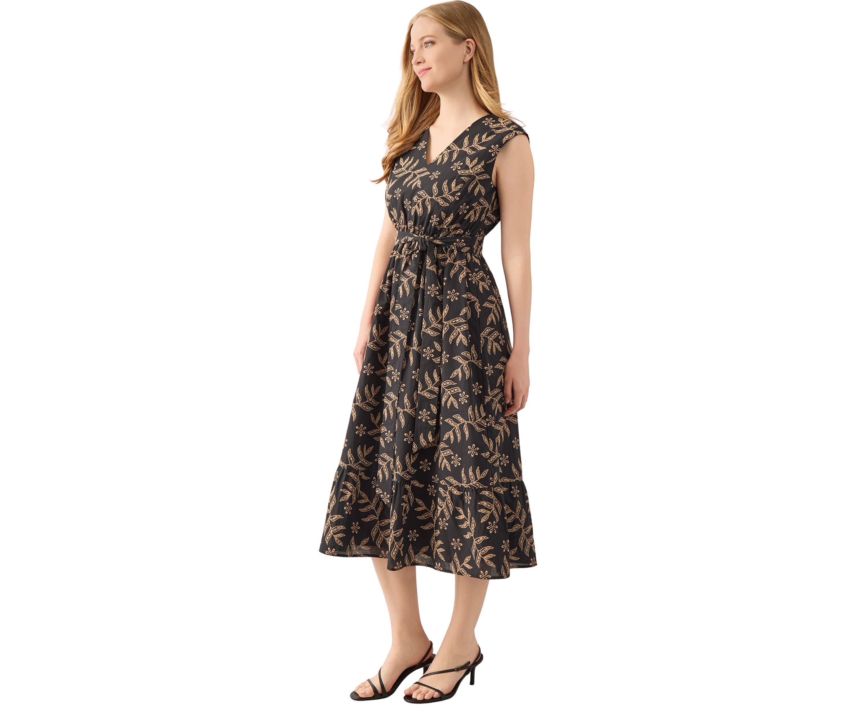 Womens Extended Cap Sleeve V-Neck Midi Tiered Dress