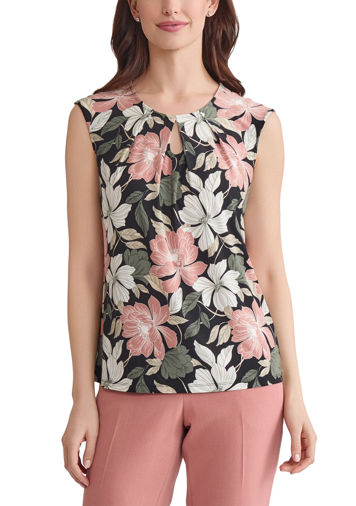 Womens Floral Printed Keyhole Neck Knit Top