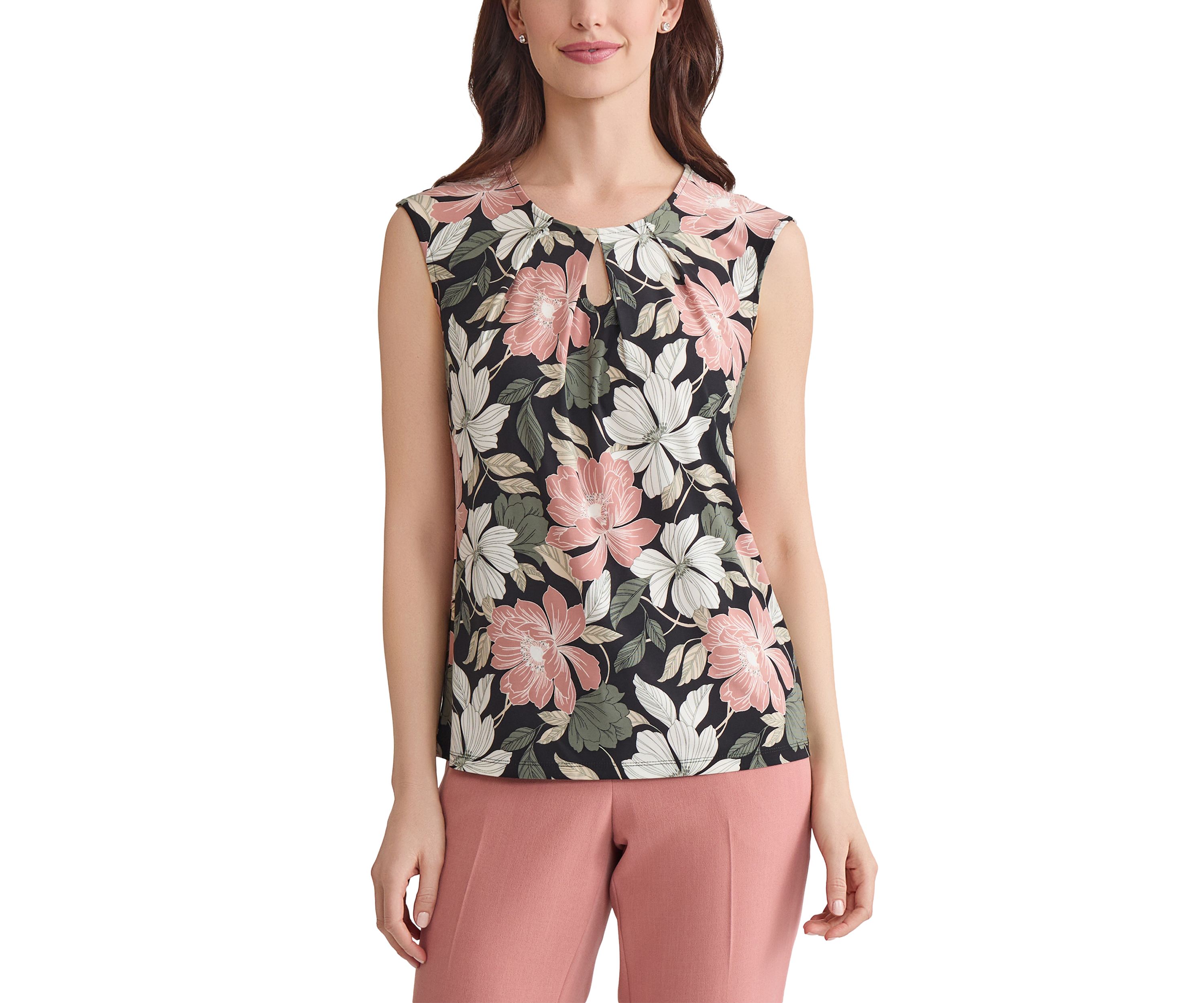 Womens Floral Printed Keyhole Neck Knit Top