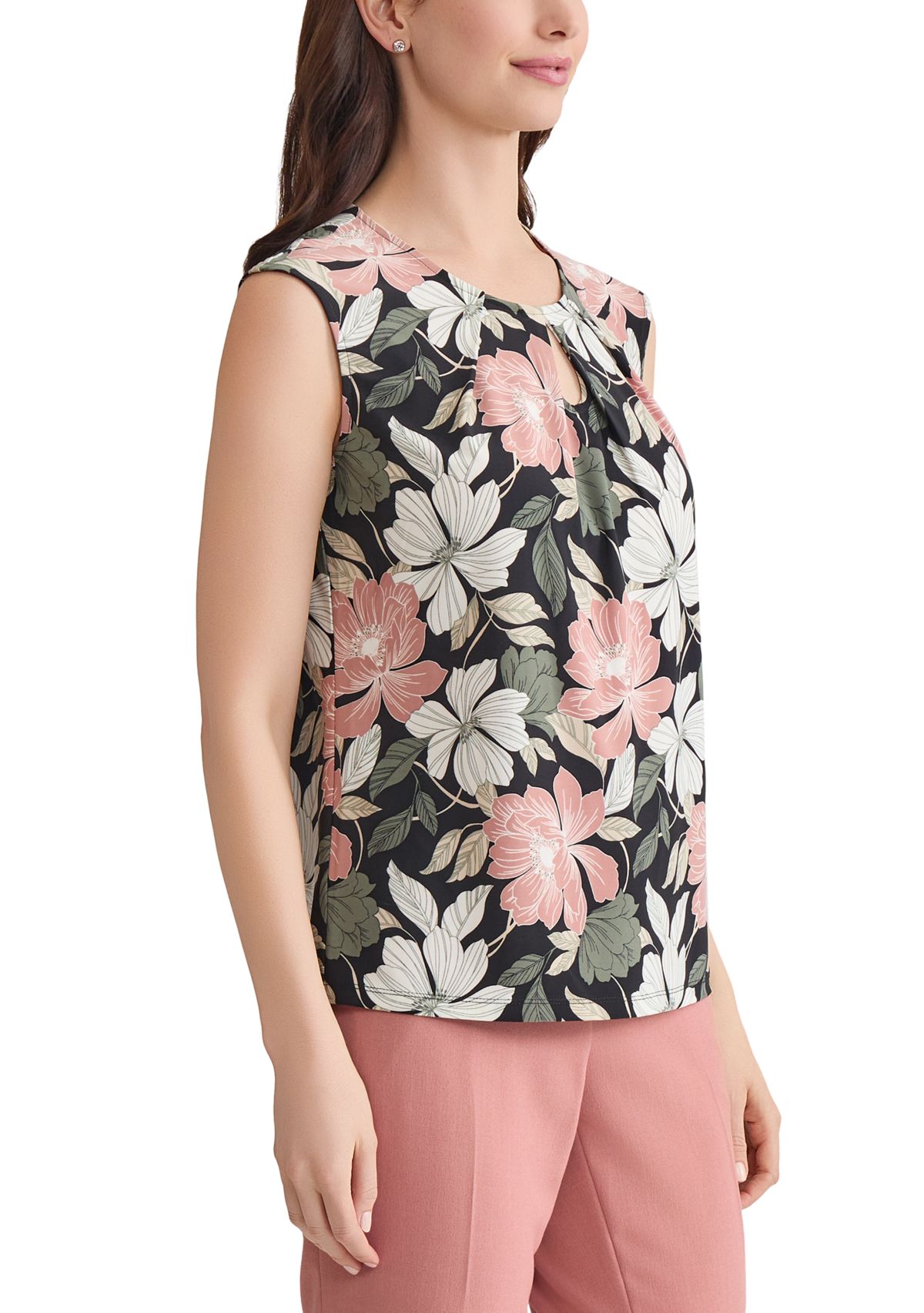 Womens Floral Printed Keyhole Neck Knit Top