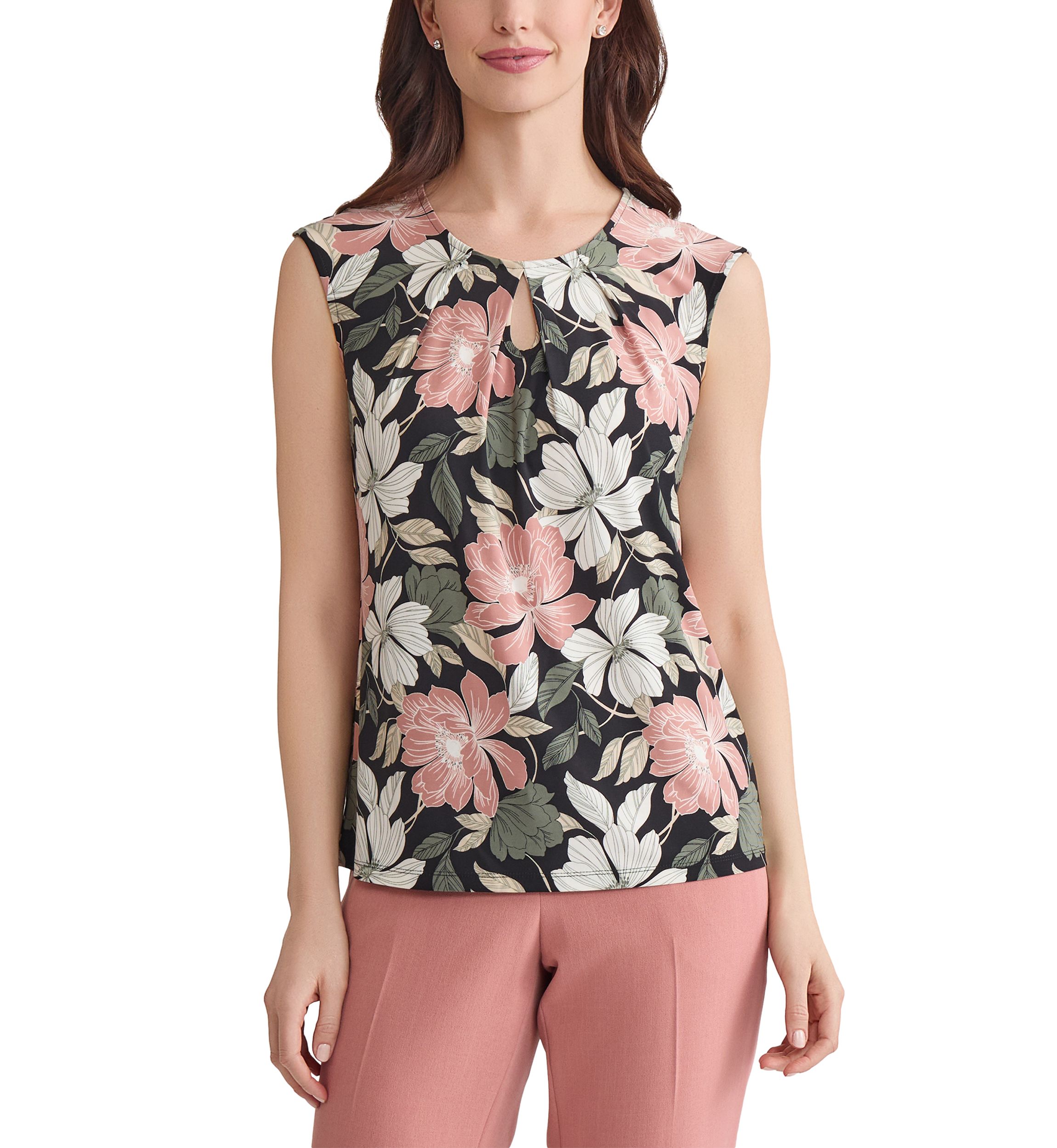 Petite Floral Printed Keyhole Neck Knit Top