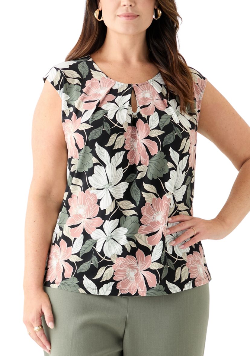 Plus Size Floral Print Keyhole Neck Knit Top 