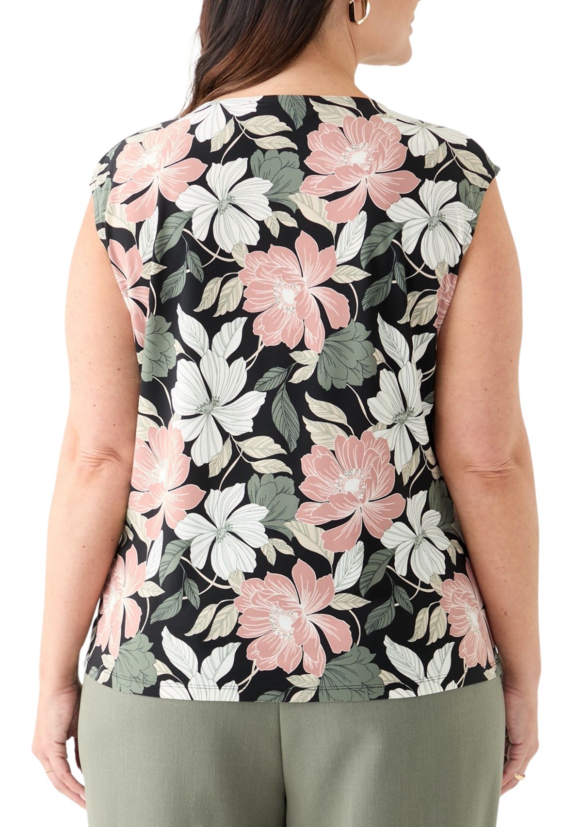 Plus Size Floral Print Keyhole Neck Knit Top 
