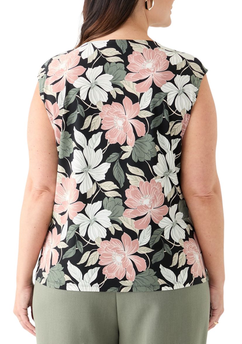 Plus Size Floral Print Keyhole Neck Knit Top 