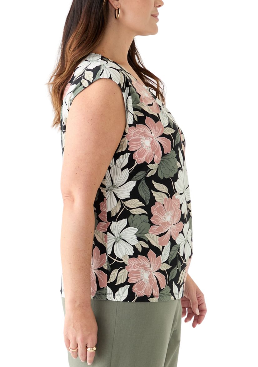 Plus Size Floral Print Keyhole Neck Knit Top 
