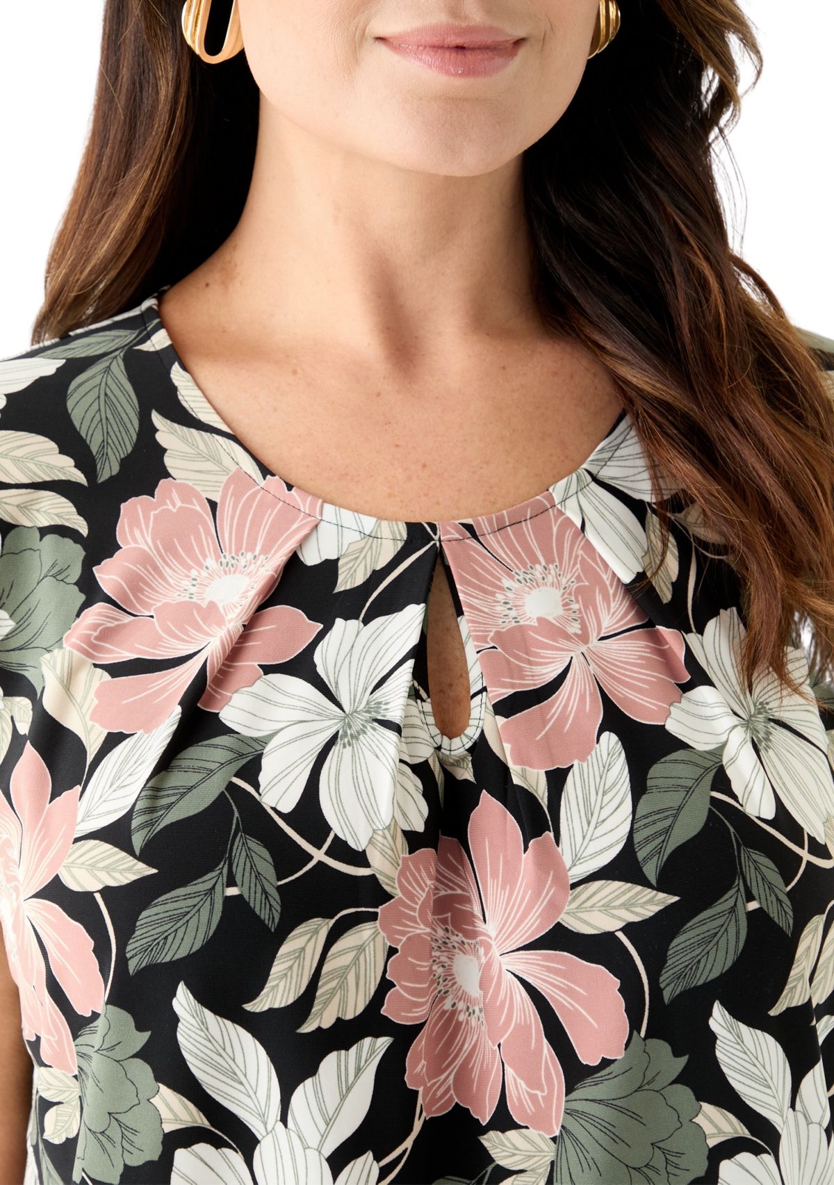 Plus Size Floral Print Keyhole Neck Knit Top 