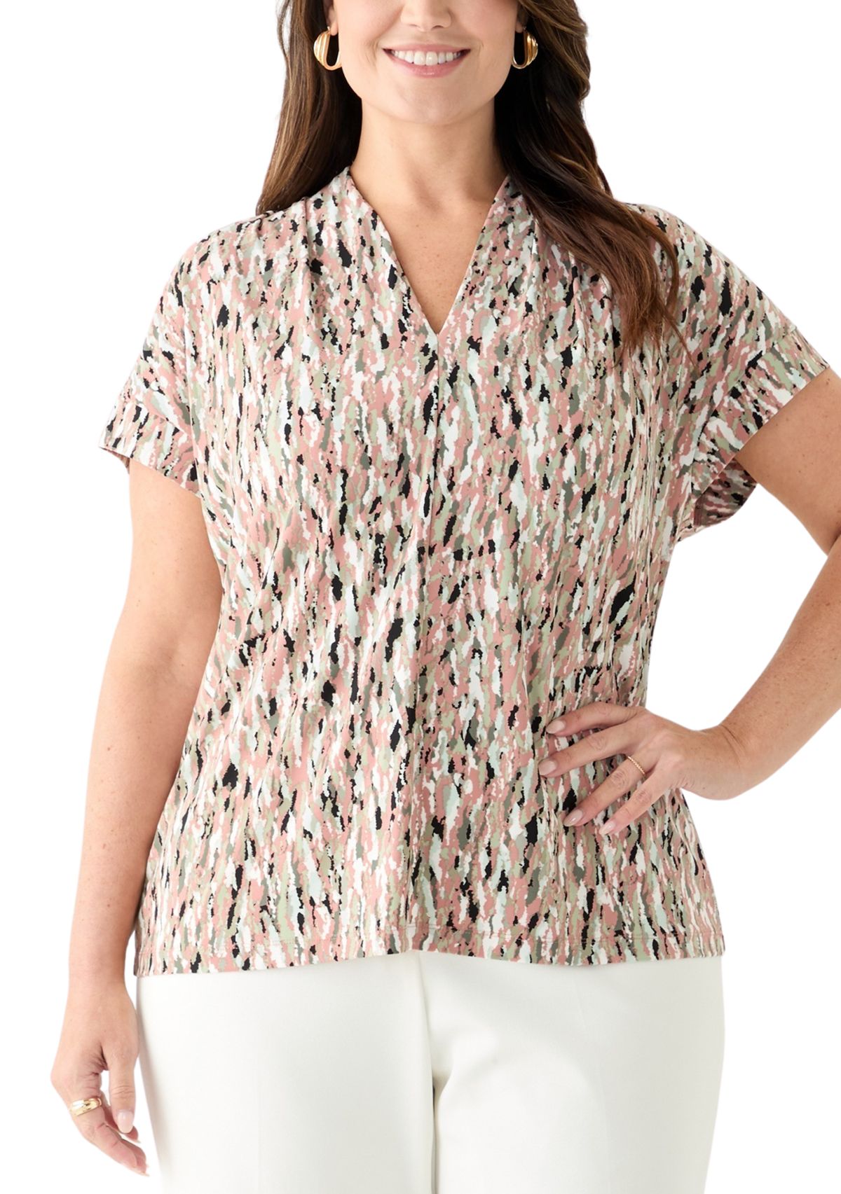 Plus Size Multi Print V-Neck Knit Top 