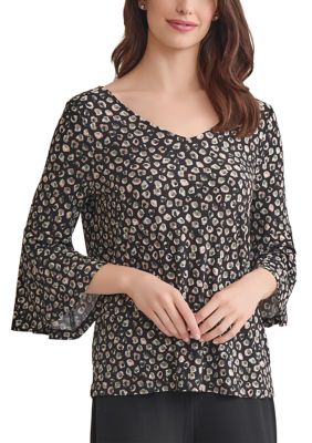 Kasper Women's Printed V-Neck Sleeve Knit Top, Small