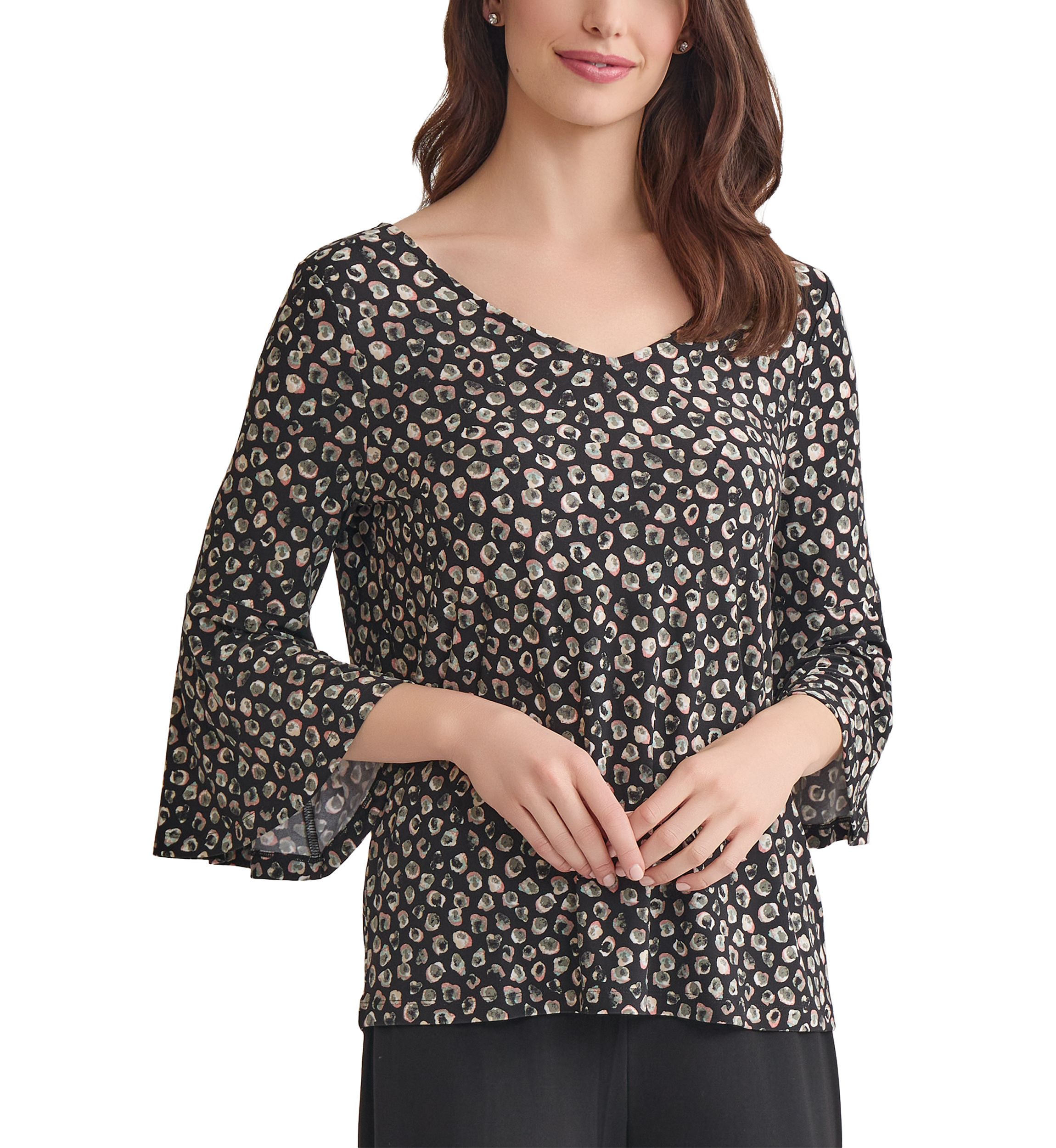 Womens Printed V-Neck Sleeve Knit Top