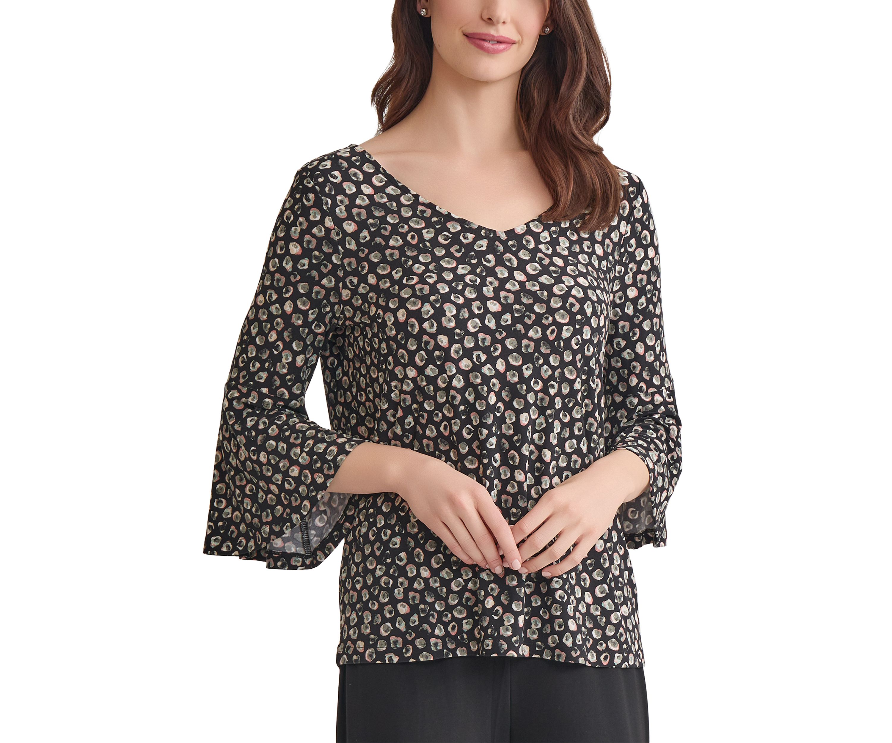 Womens Printed V-Neck Sleeve Knit Top