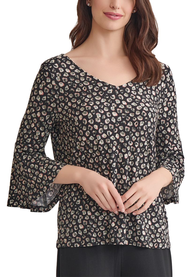 Womens Printed V-Neck Sleeve Knit Top