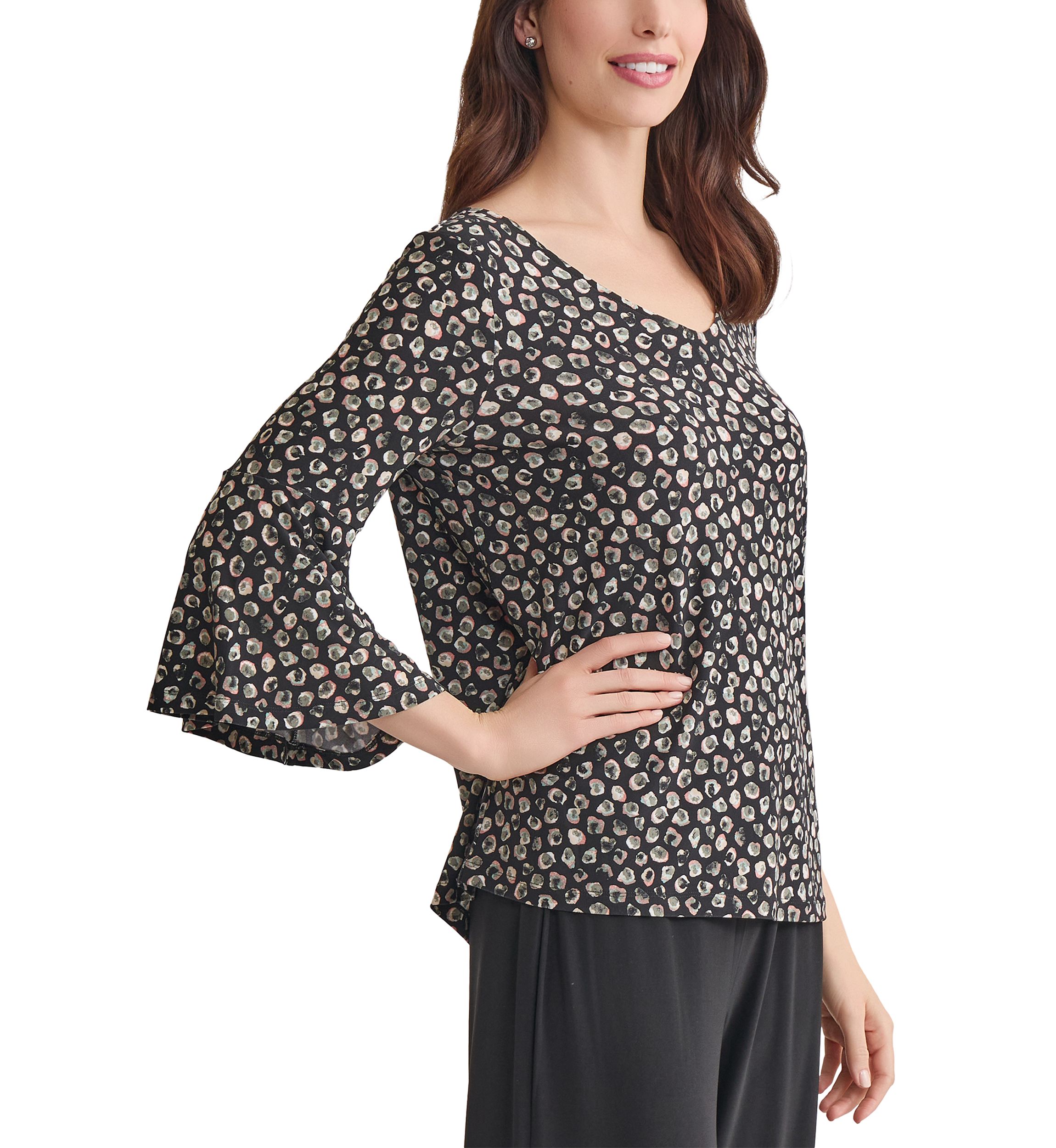 Womens Printed V-Neck Sleeve Knit Top