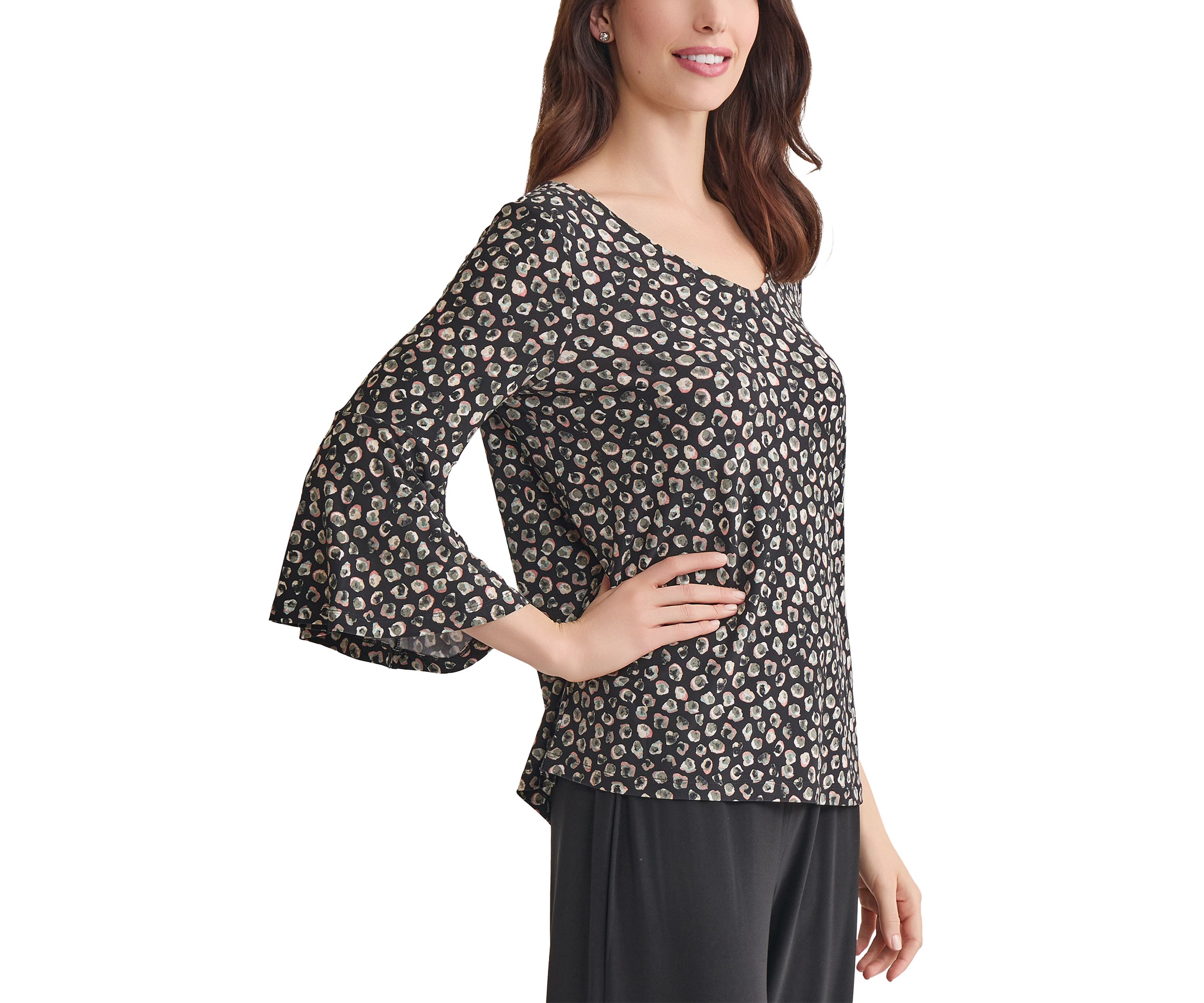 Womens Printed V-Neck Sleeve Knit Top