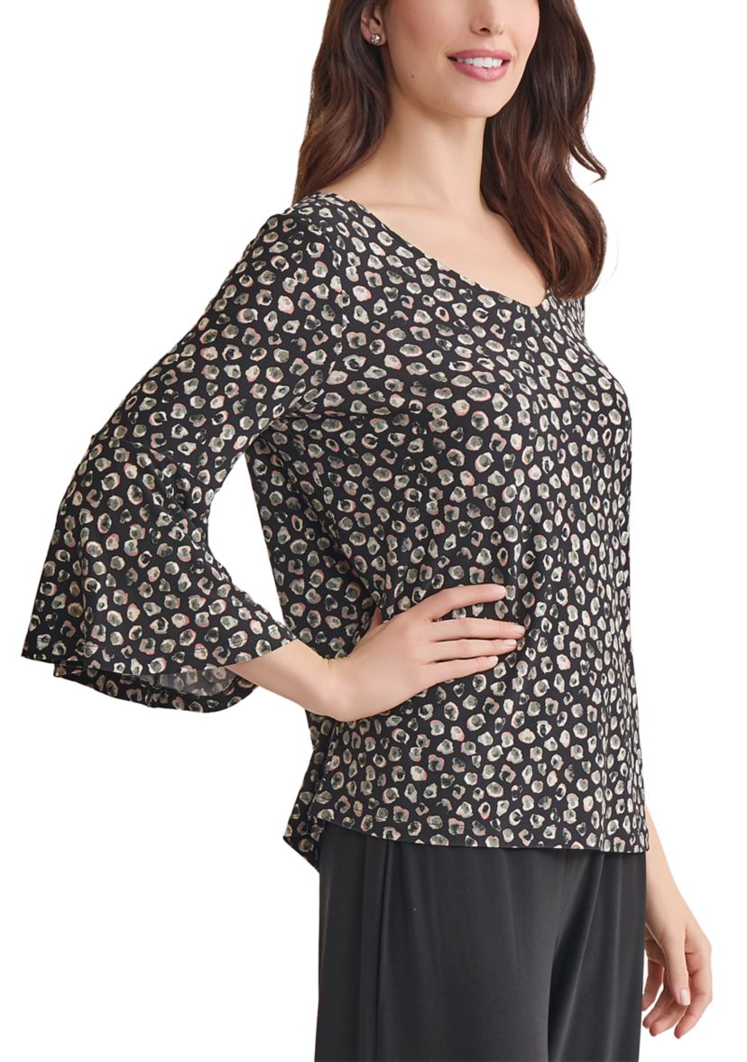 Womens Printed V-Neck Sleeve Knit Top