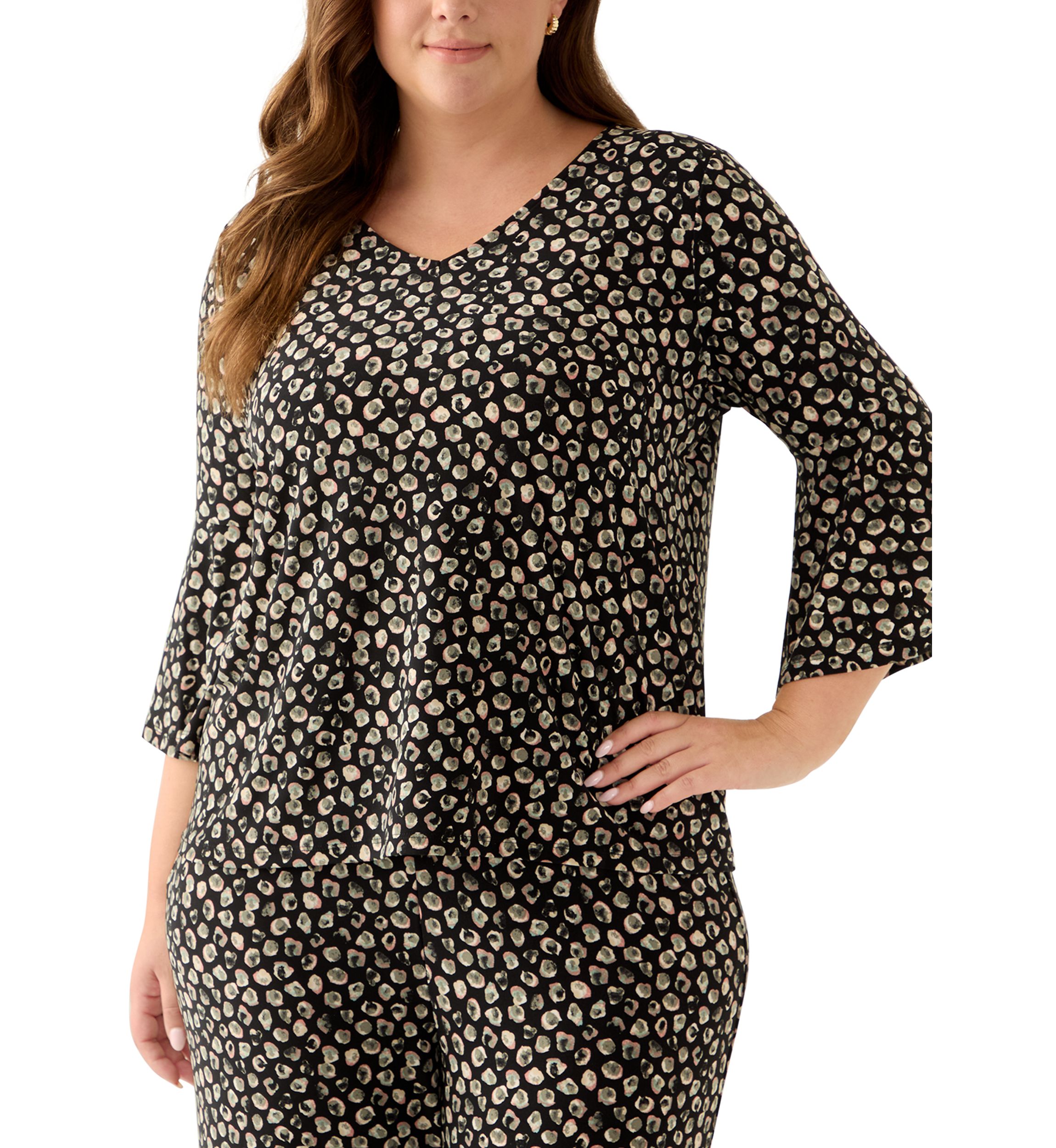 Plus Size Bell Sleeve Printed Knit Top 