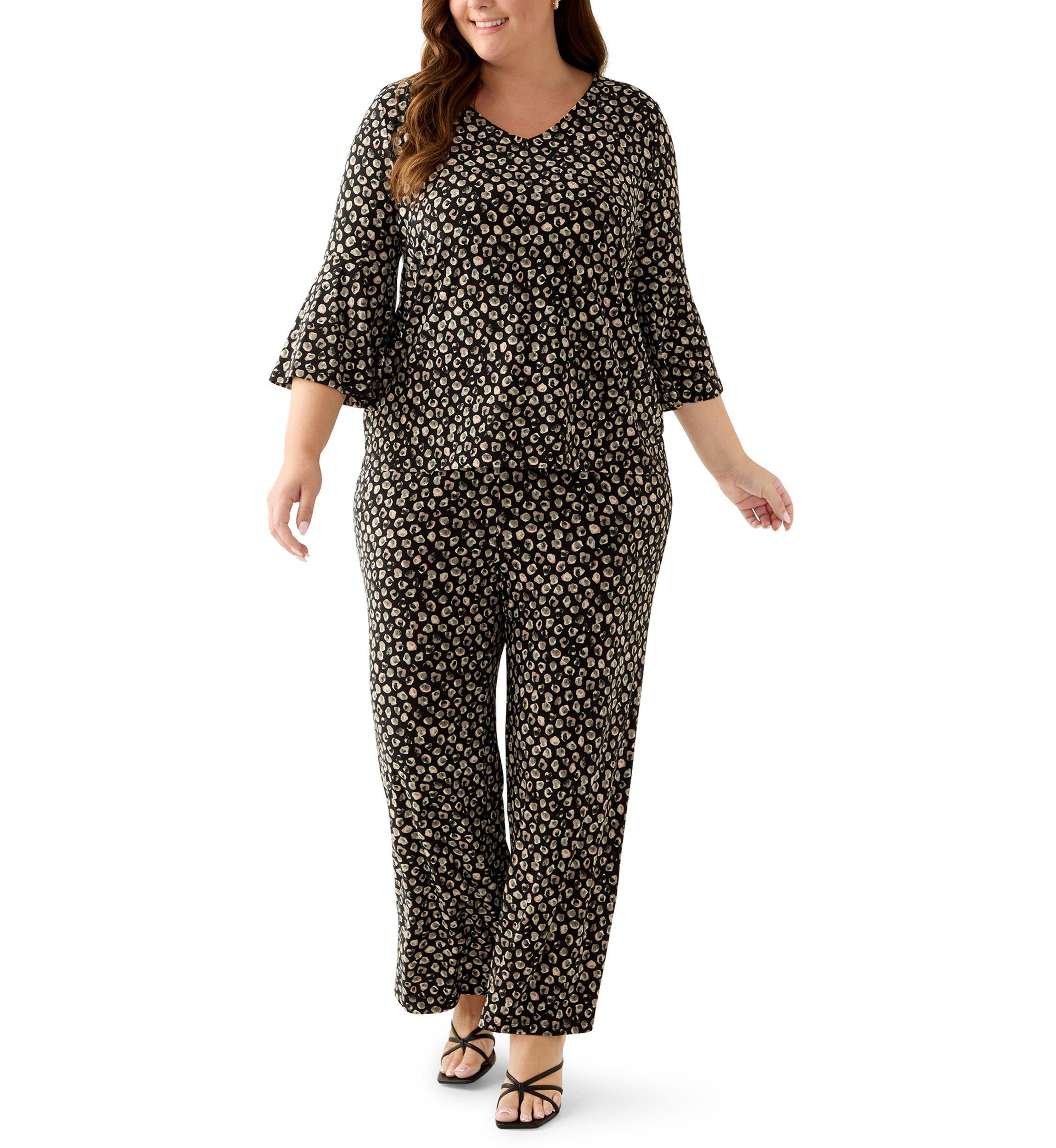 Plus Size Bell Sleeve Printed Knit Top 