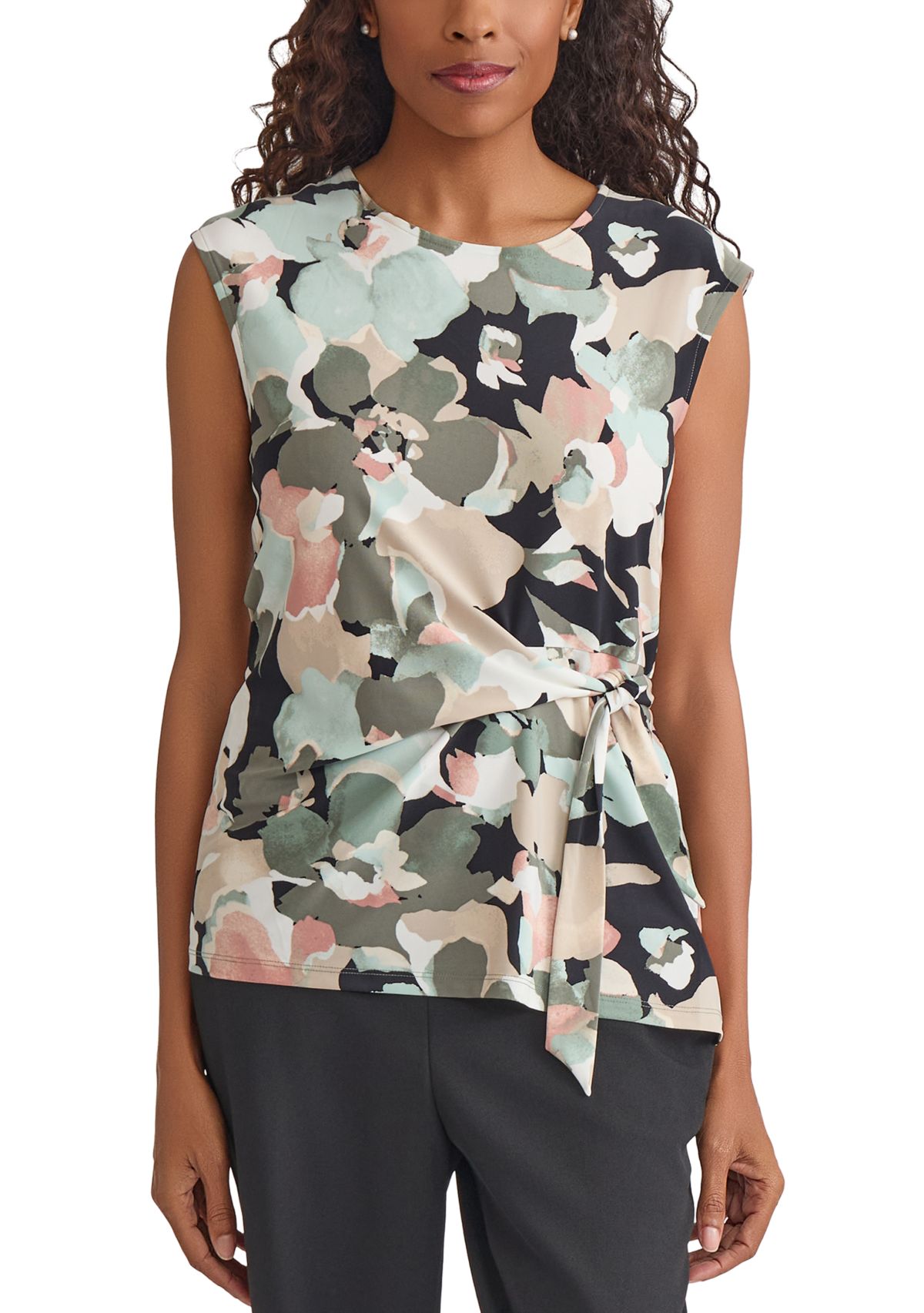 Womens Multi Floral Printed Tie Knit Top