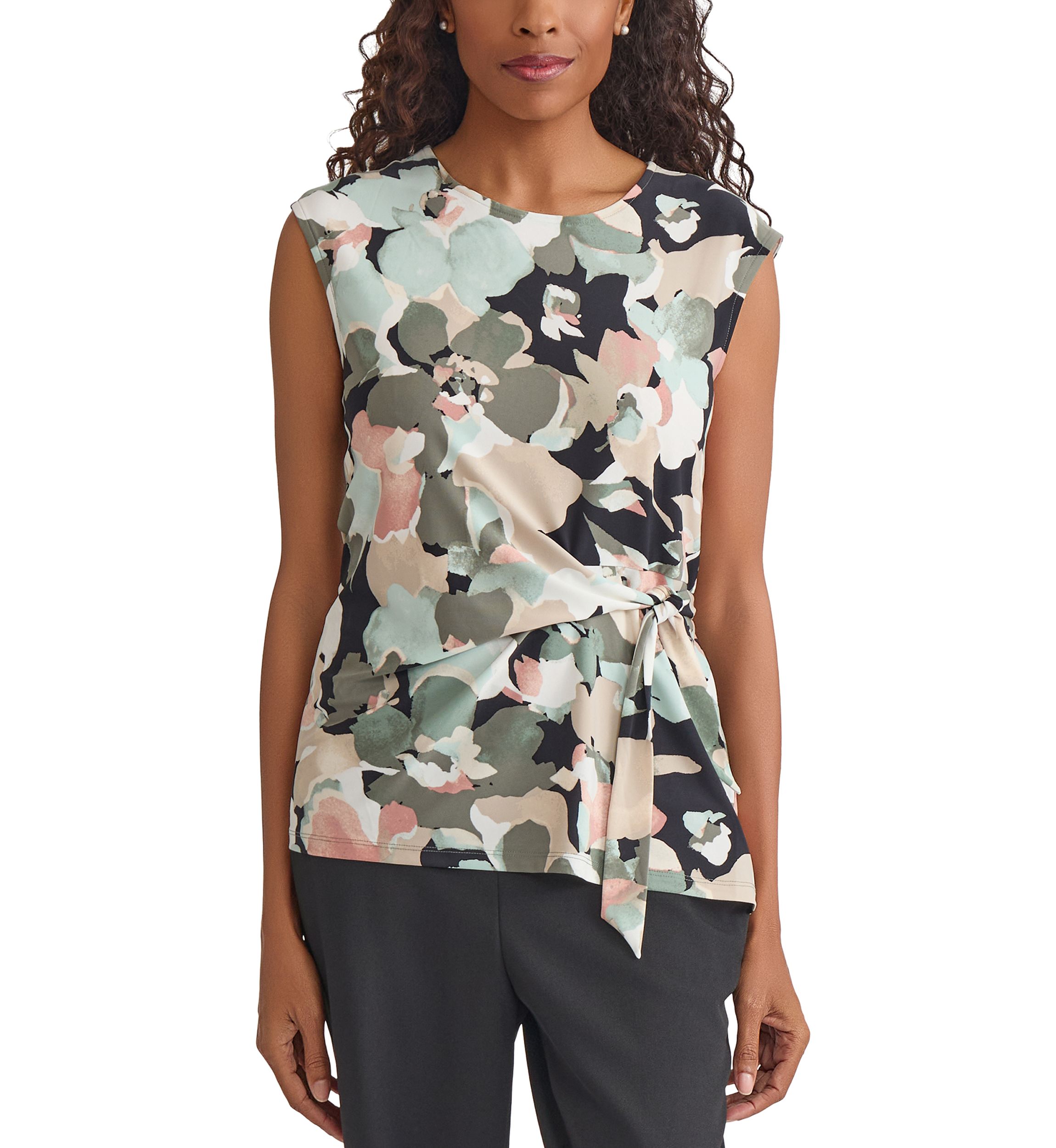 Womens Multi Floral Printed Tie Knit Top