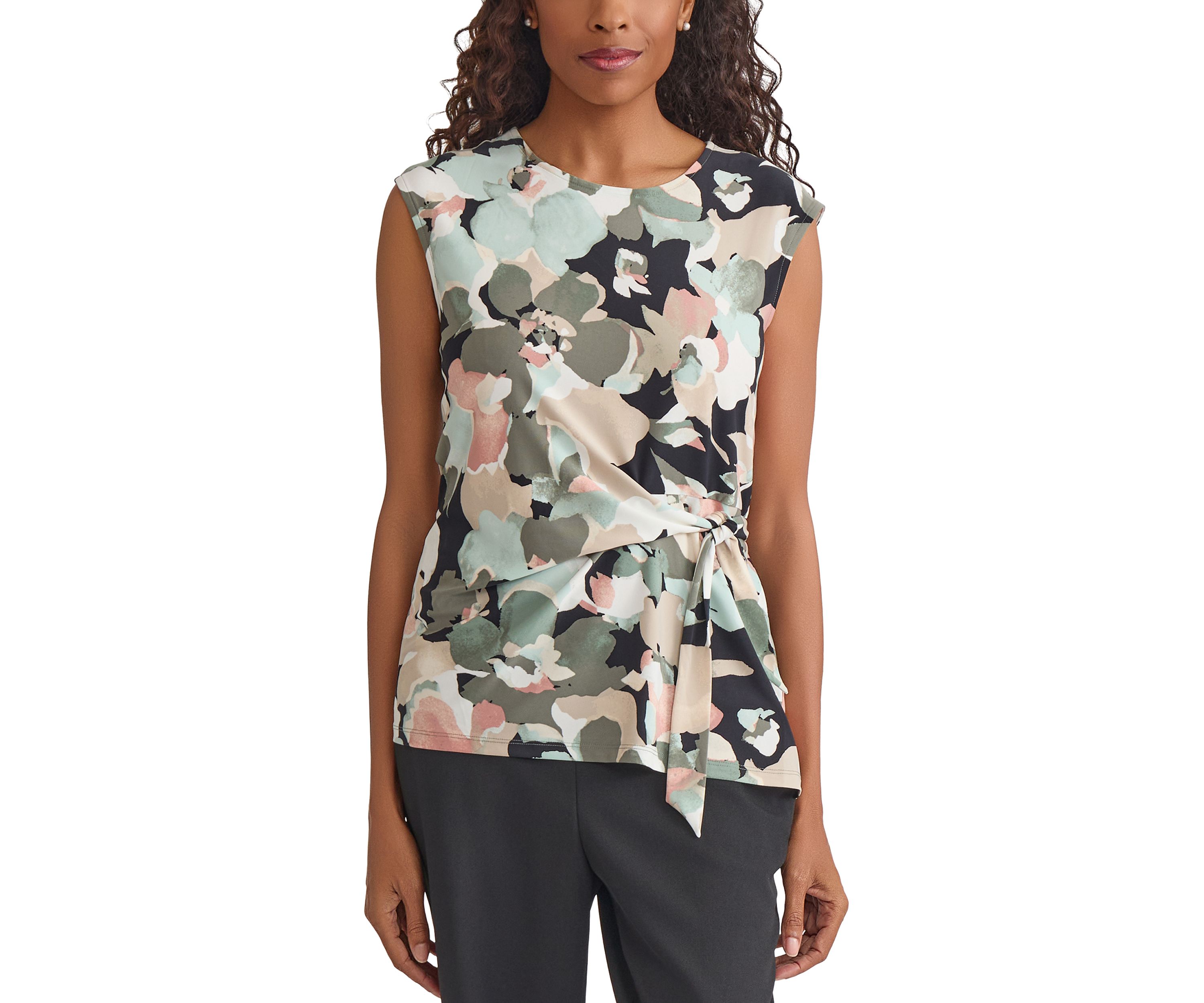 Womens Multi Floral Printed Tie Knit Top
