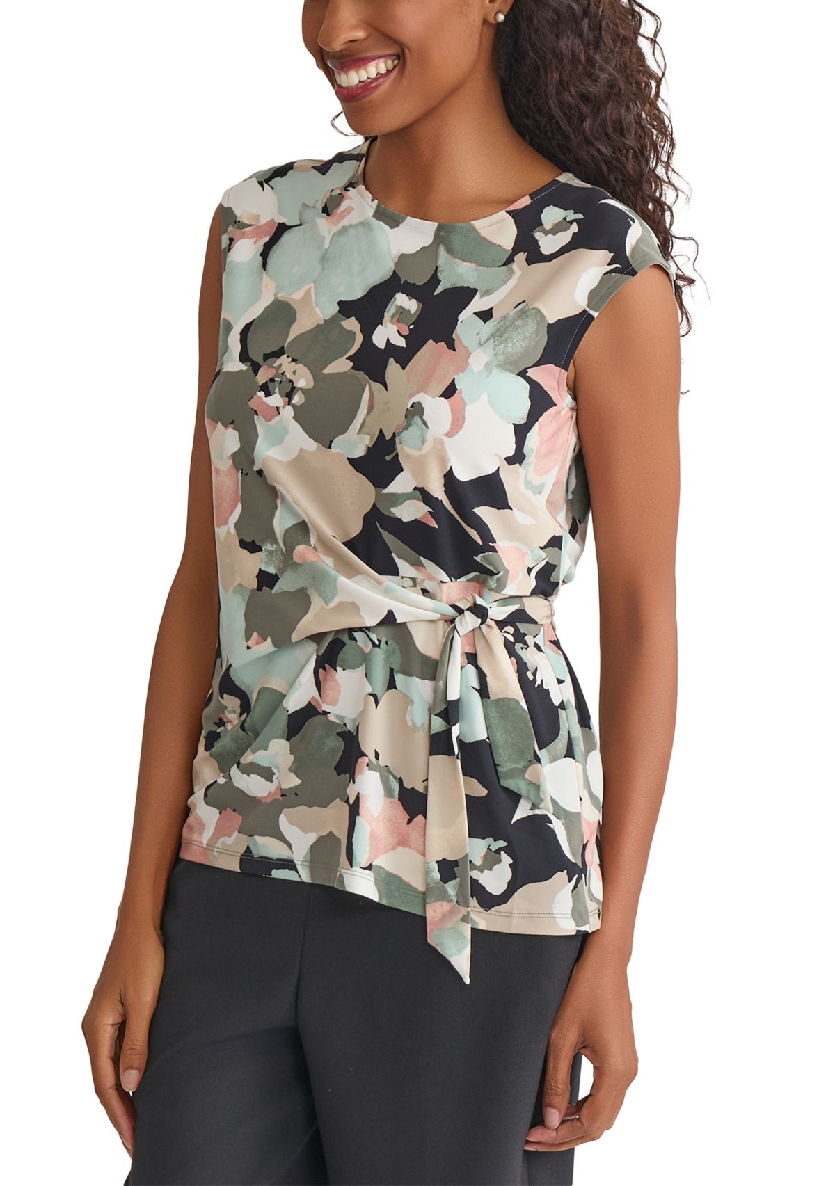 Womens Multi Floral Printed Tie Knit Top