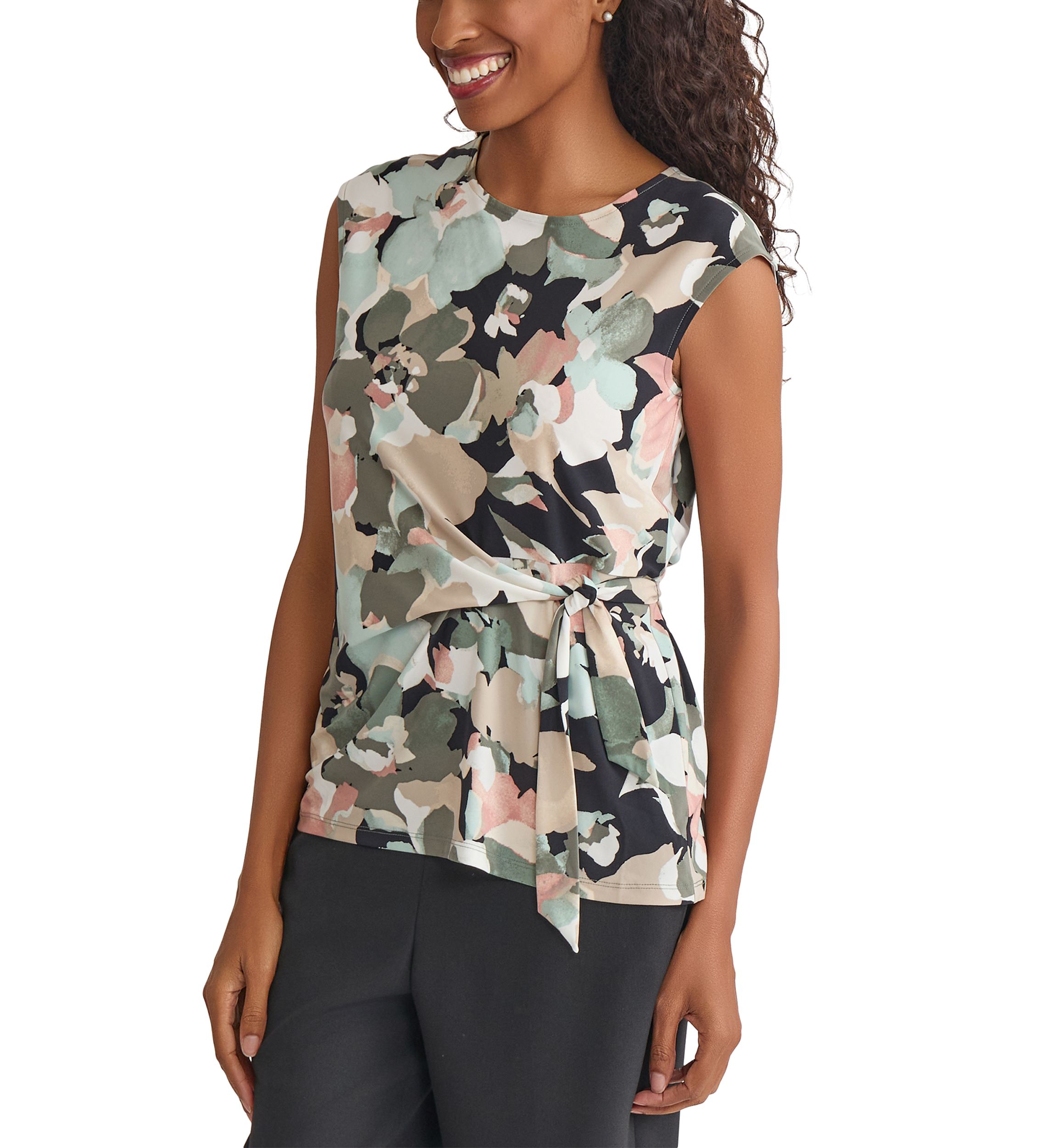 Womens Multi Floral Printed Tie Knit Top