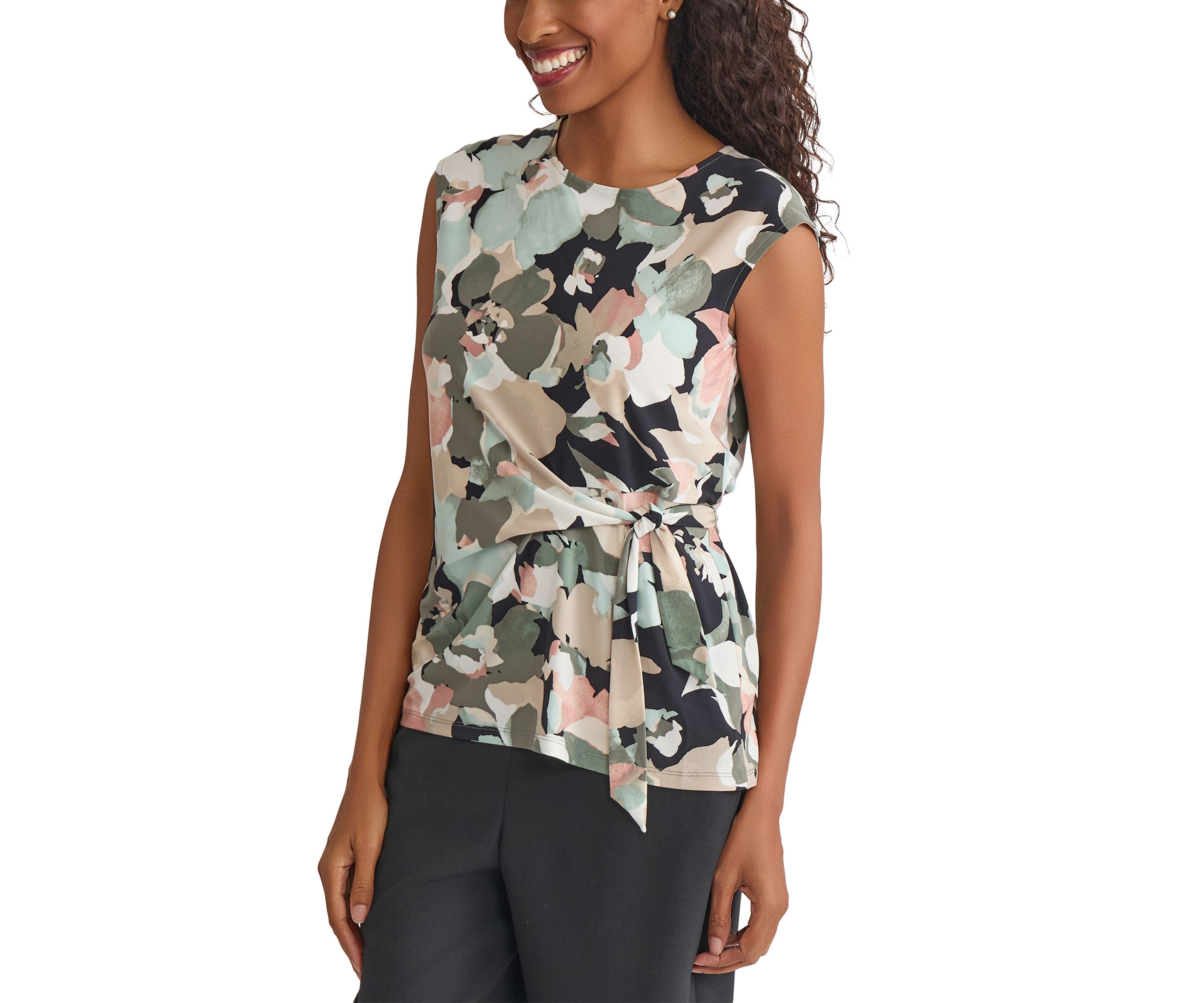 Womens Multi Floral Printed Tie Knit Top