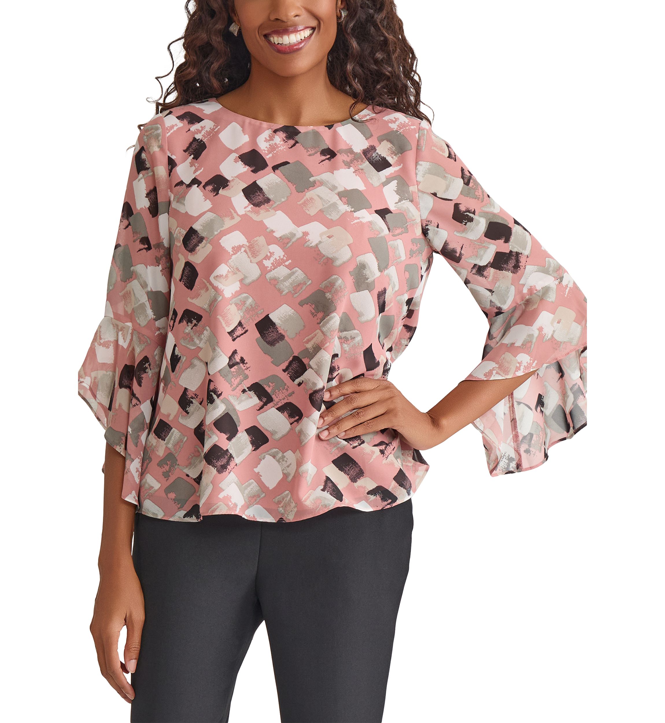 Womens Blocked Printed Ruffle Blouse