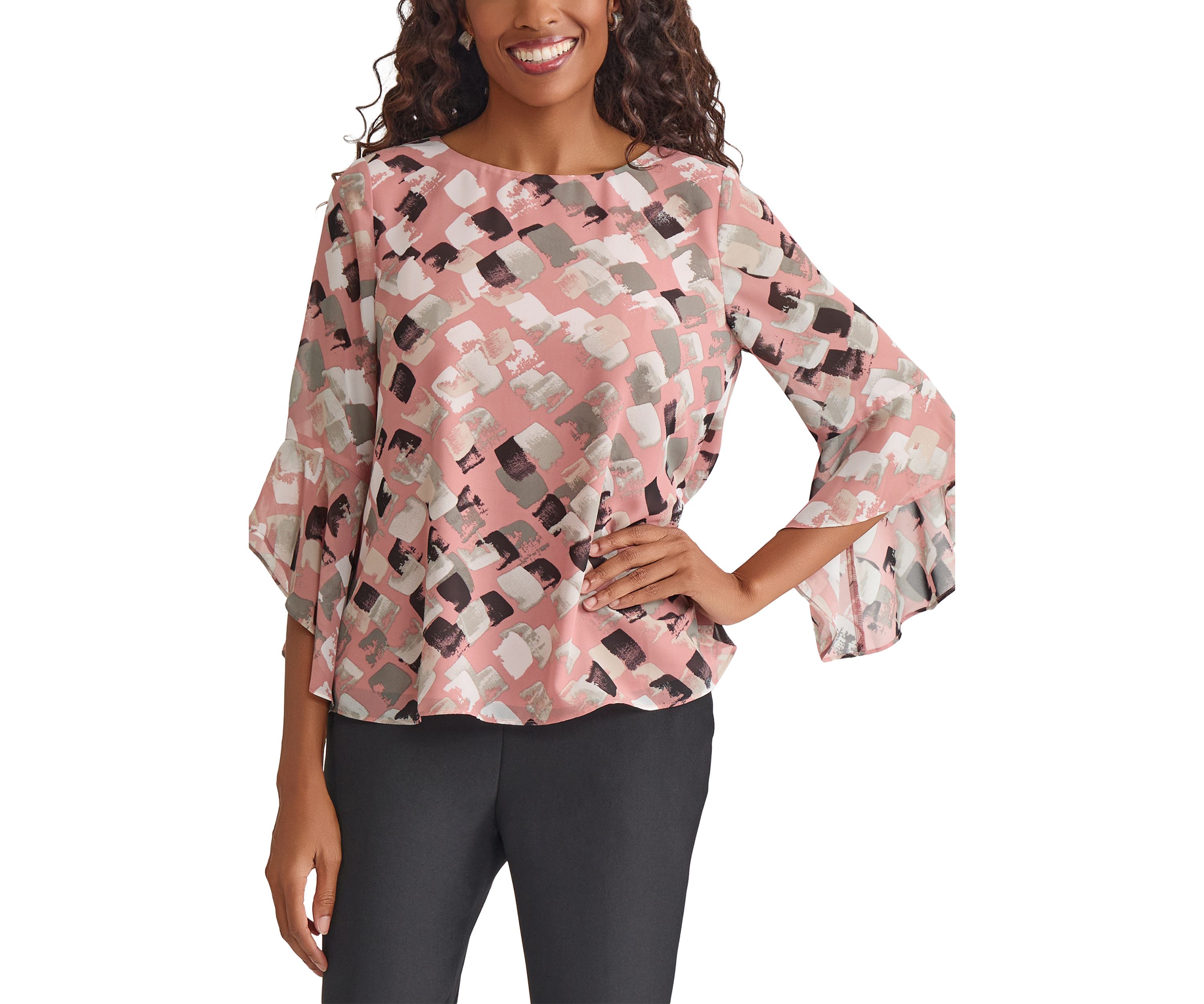 Womens Blocked Printed Ruffle Blouse