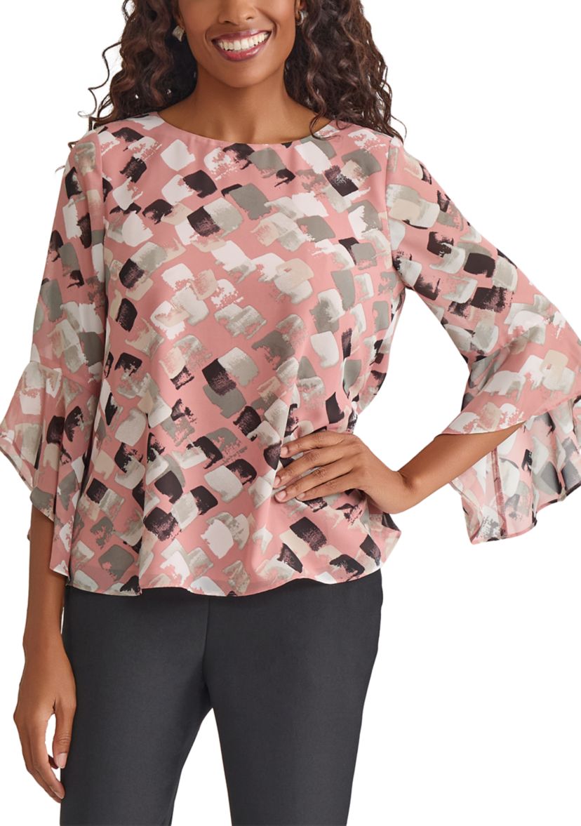 Womens Blocked Printed Ruffle Blouse