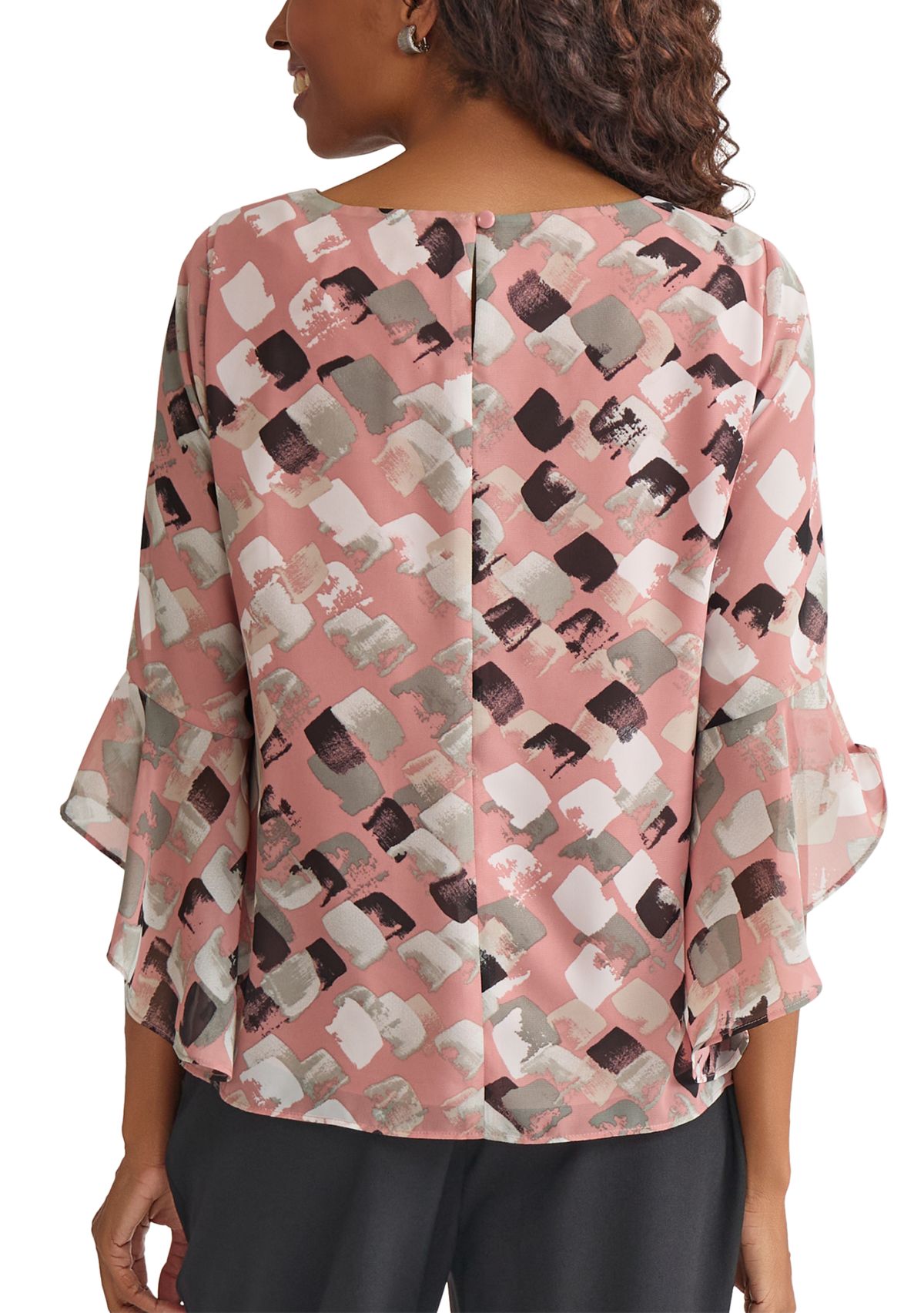 Womens Blocked Printed Ruffle Blouse