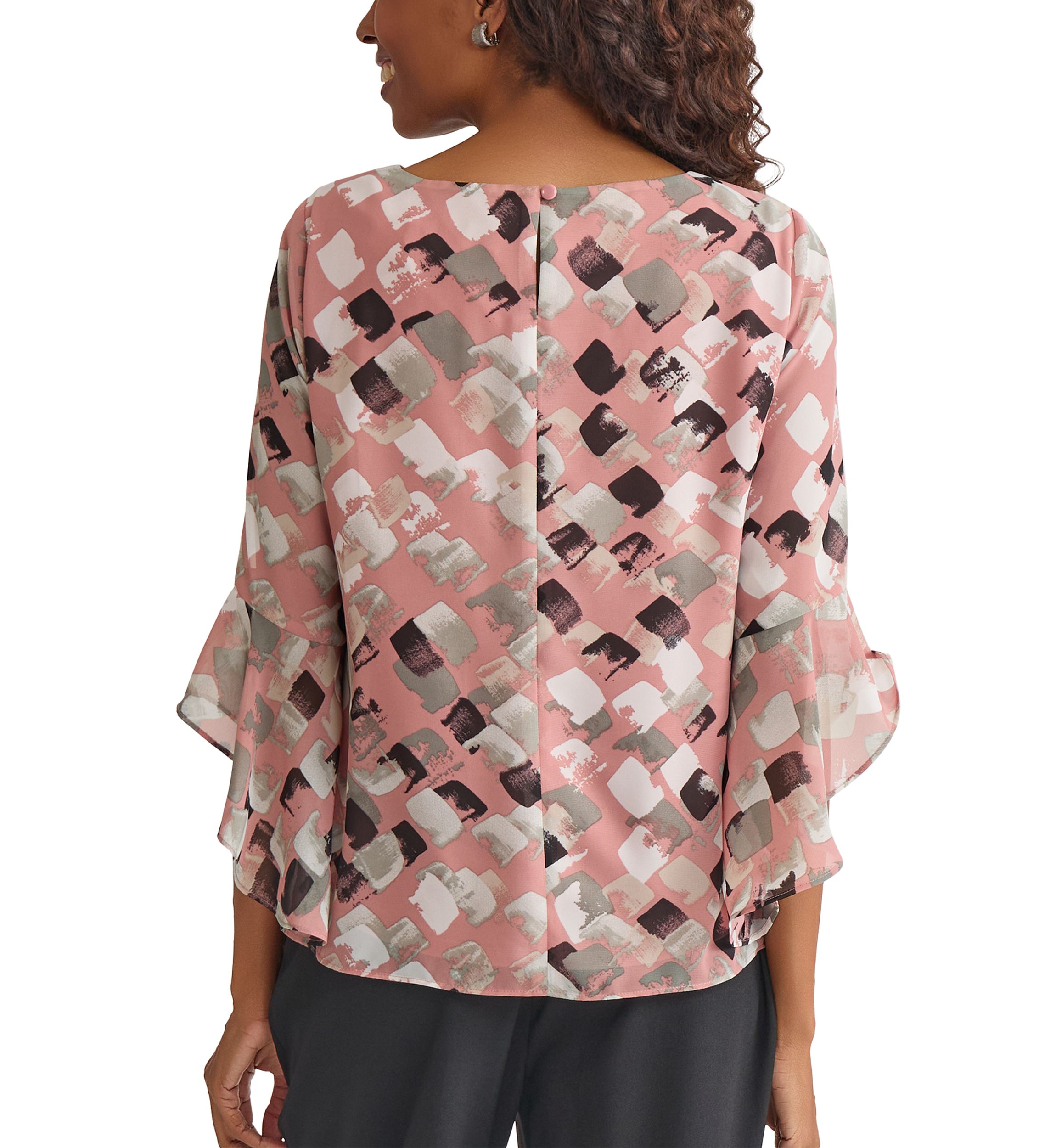 Womens Blocked Printed Ruffle Blouse