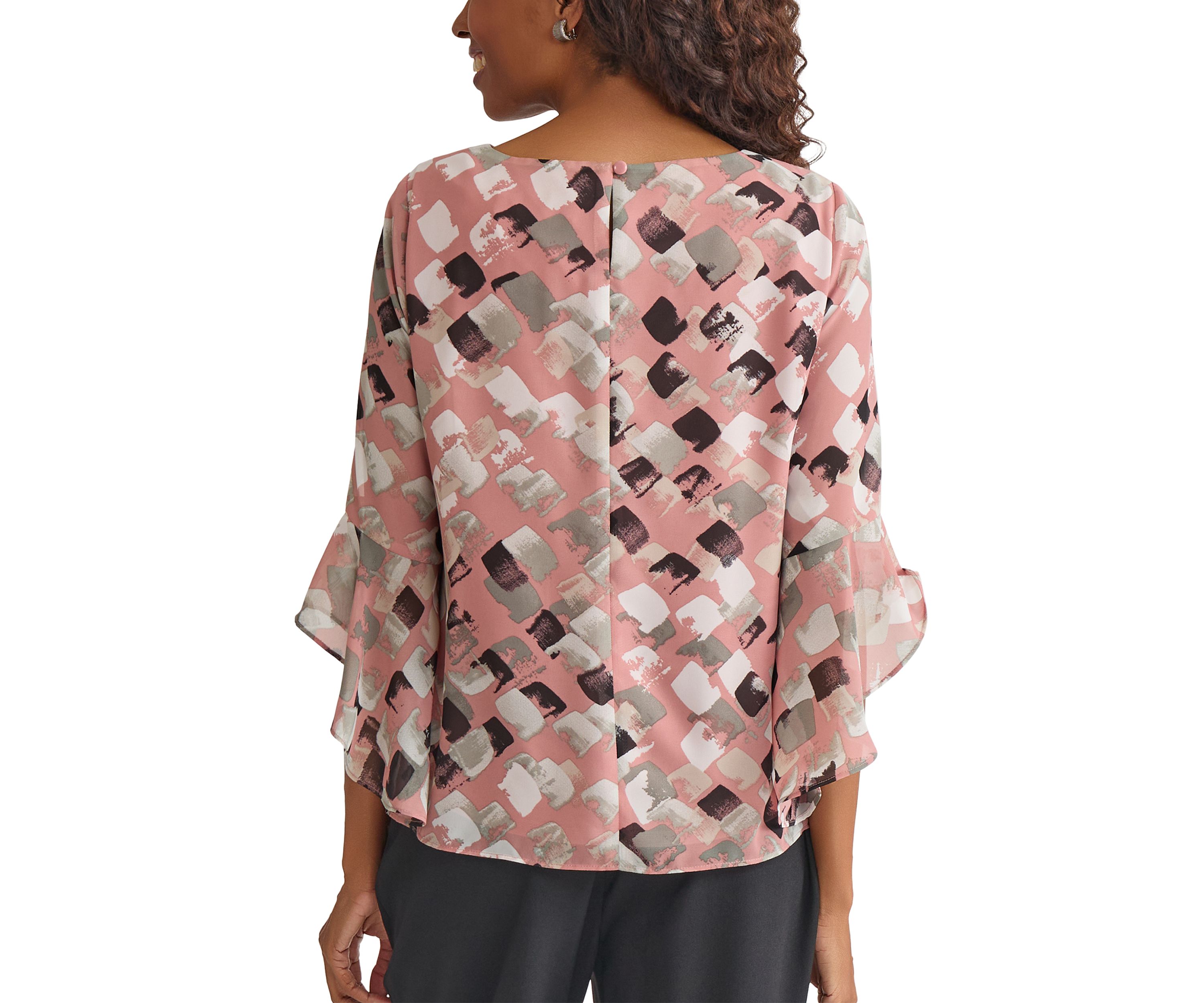 Womens Blocked Printed Ruffle Blouse