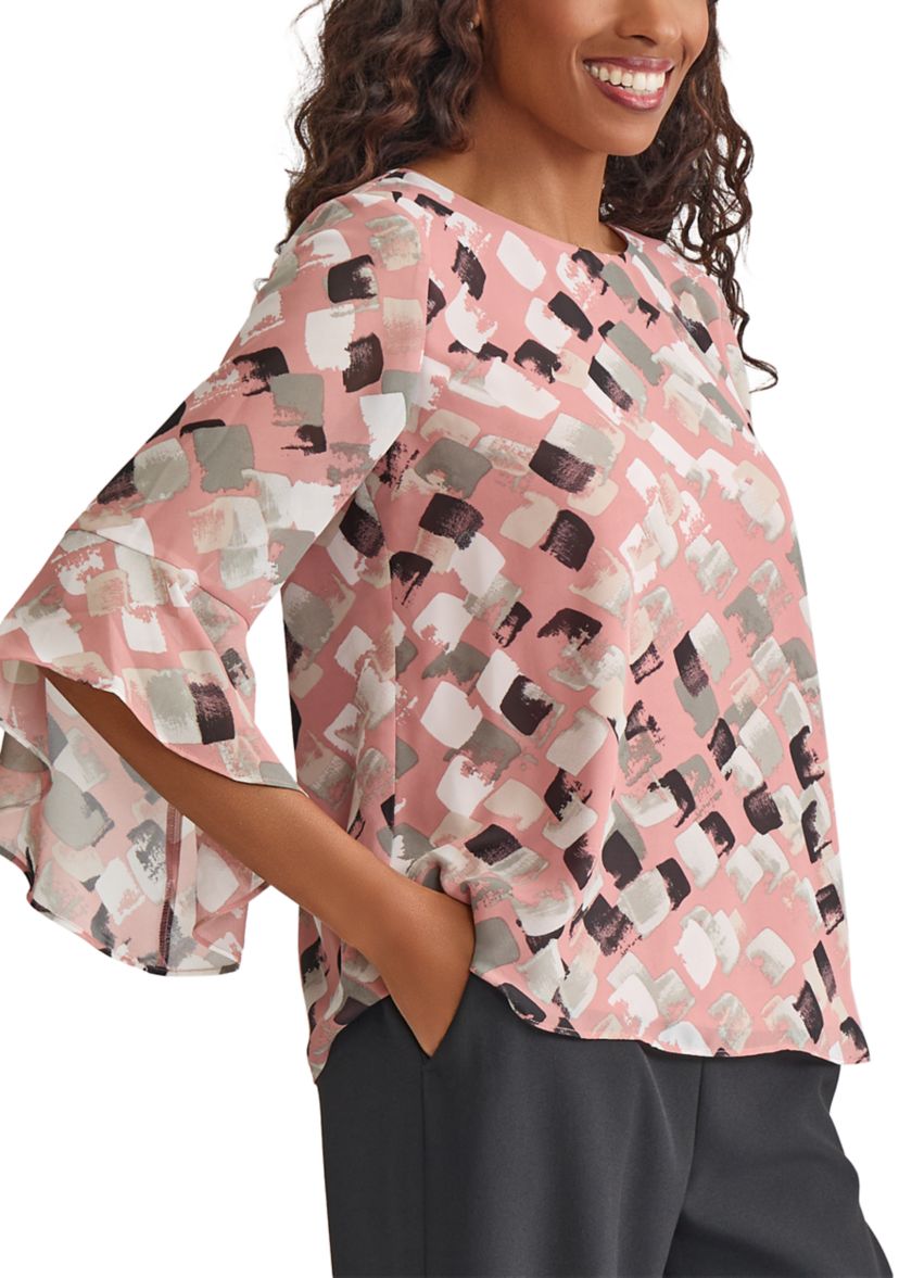 Womens Blocked Printed Ruffle Blouse