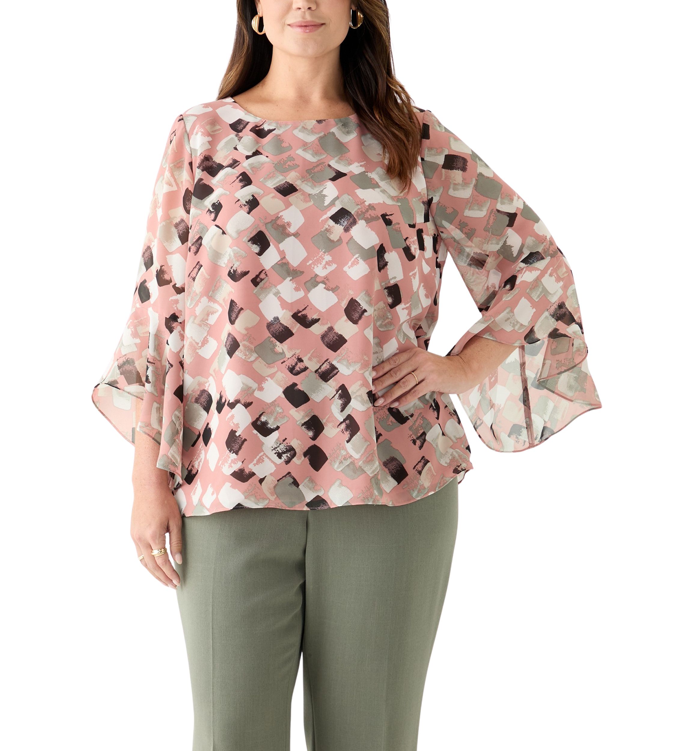 Plus Size Block Print Ruffle Sleeve Blouse