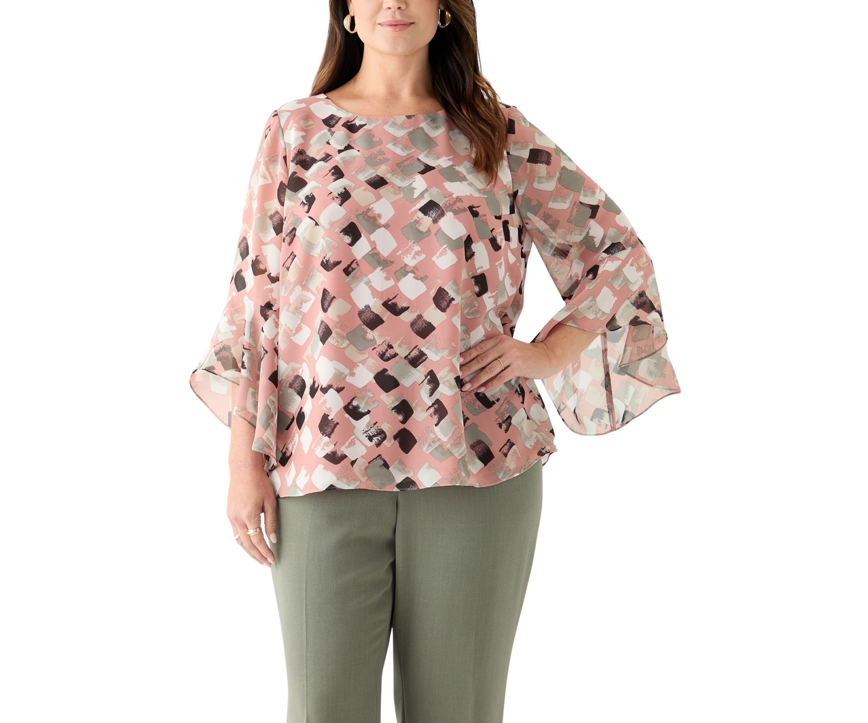 Plus Size Block Print Ruffle Sleeve Blouse
