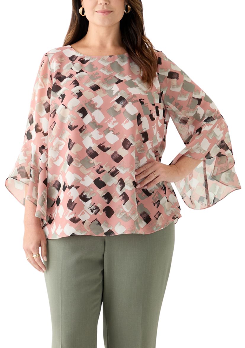 Plus Size Block Print Ruffle Sleeve Blouse