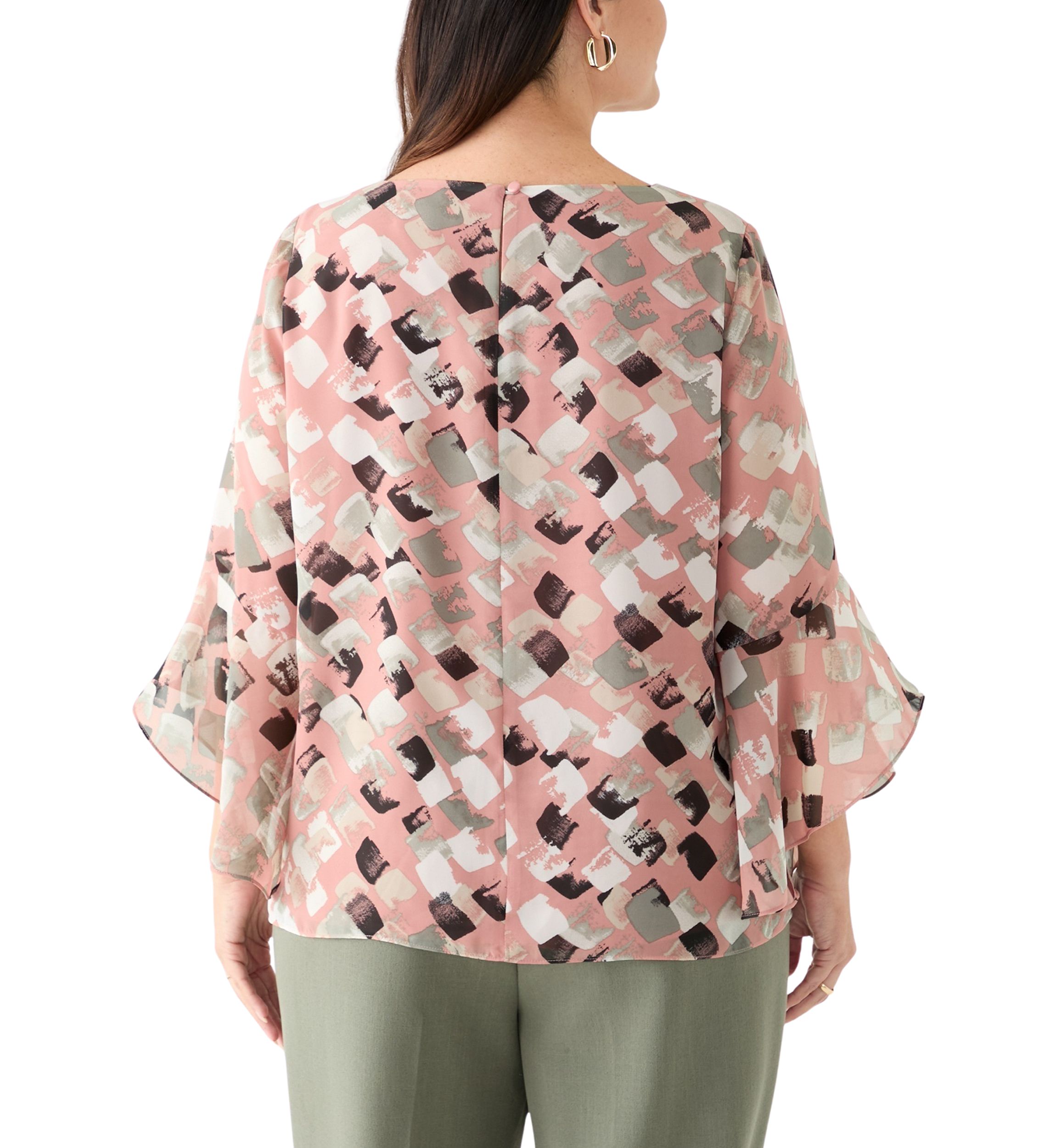 Plus Size Block Print Ruffle Sleeve Blouse