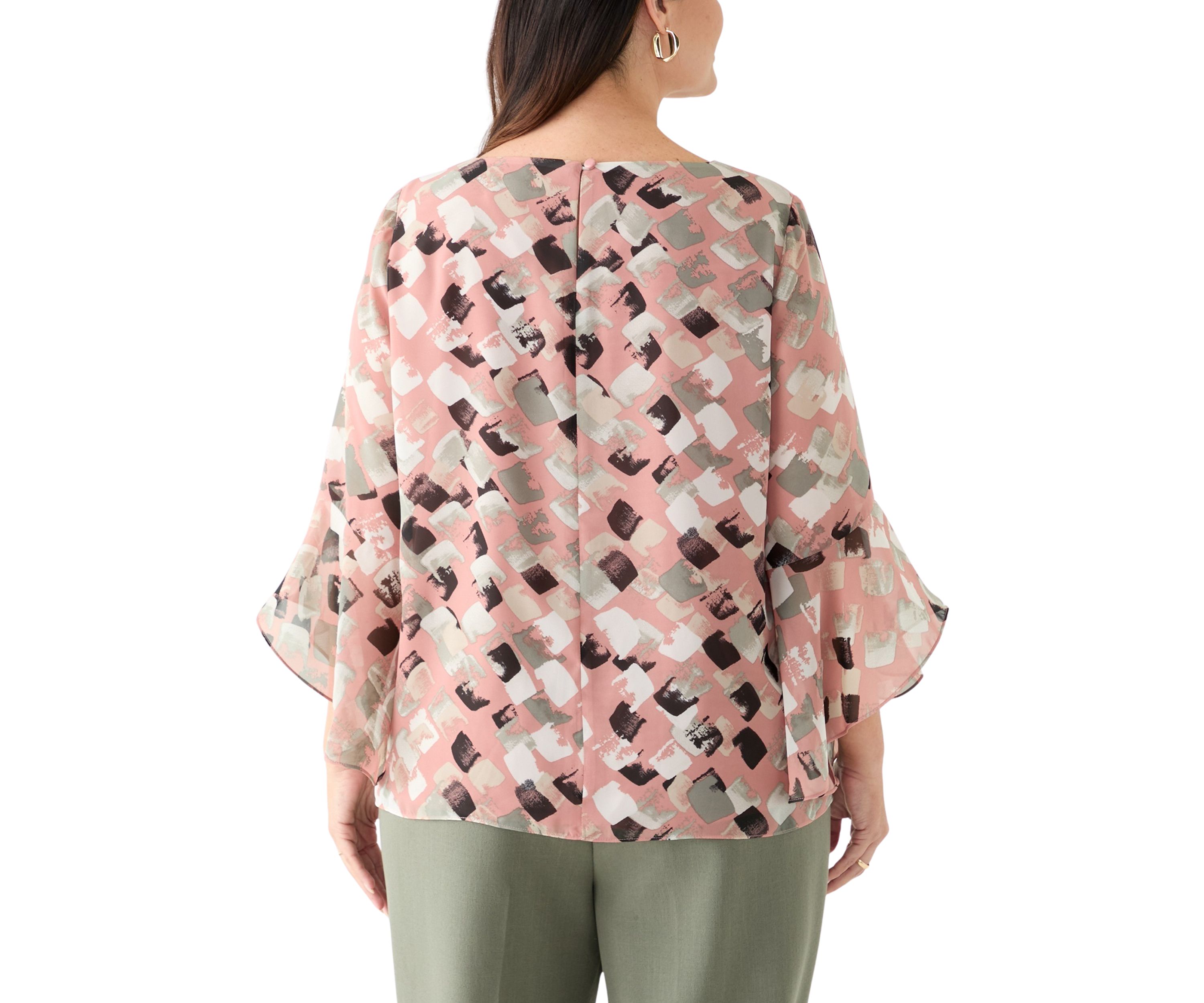 Plus Size Block Print Ruffle Sleeve Blouse
