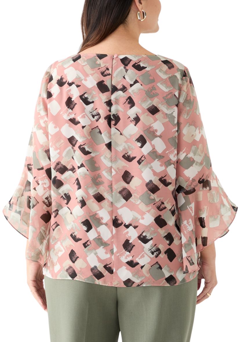 Plus Size Block Print Ruffle Sleeve Blouse