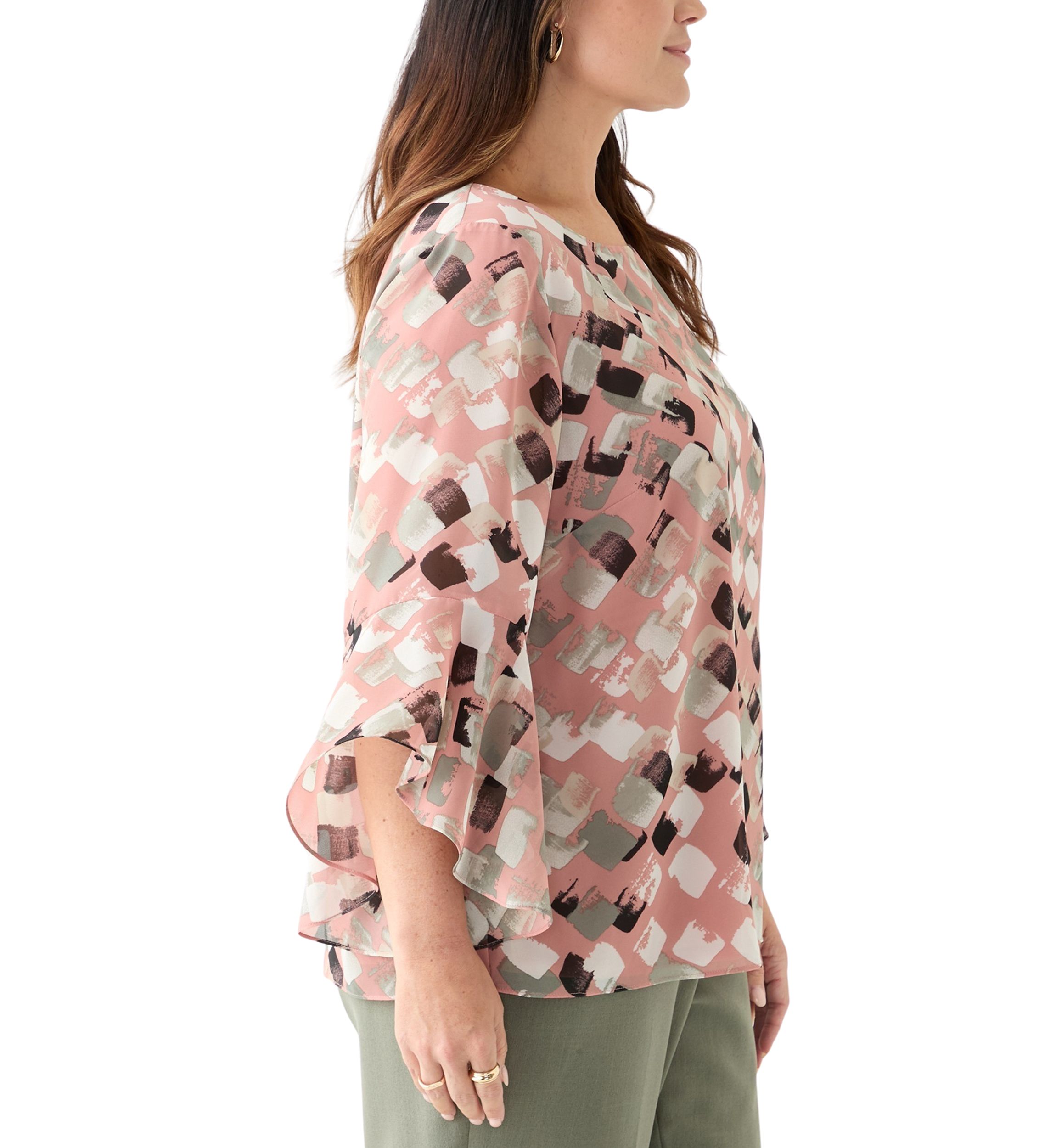 Plus Size Block Print Ruffle Sleeve Blouse