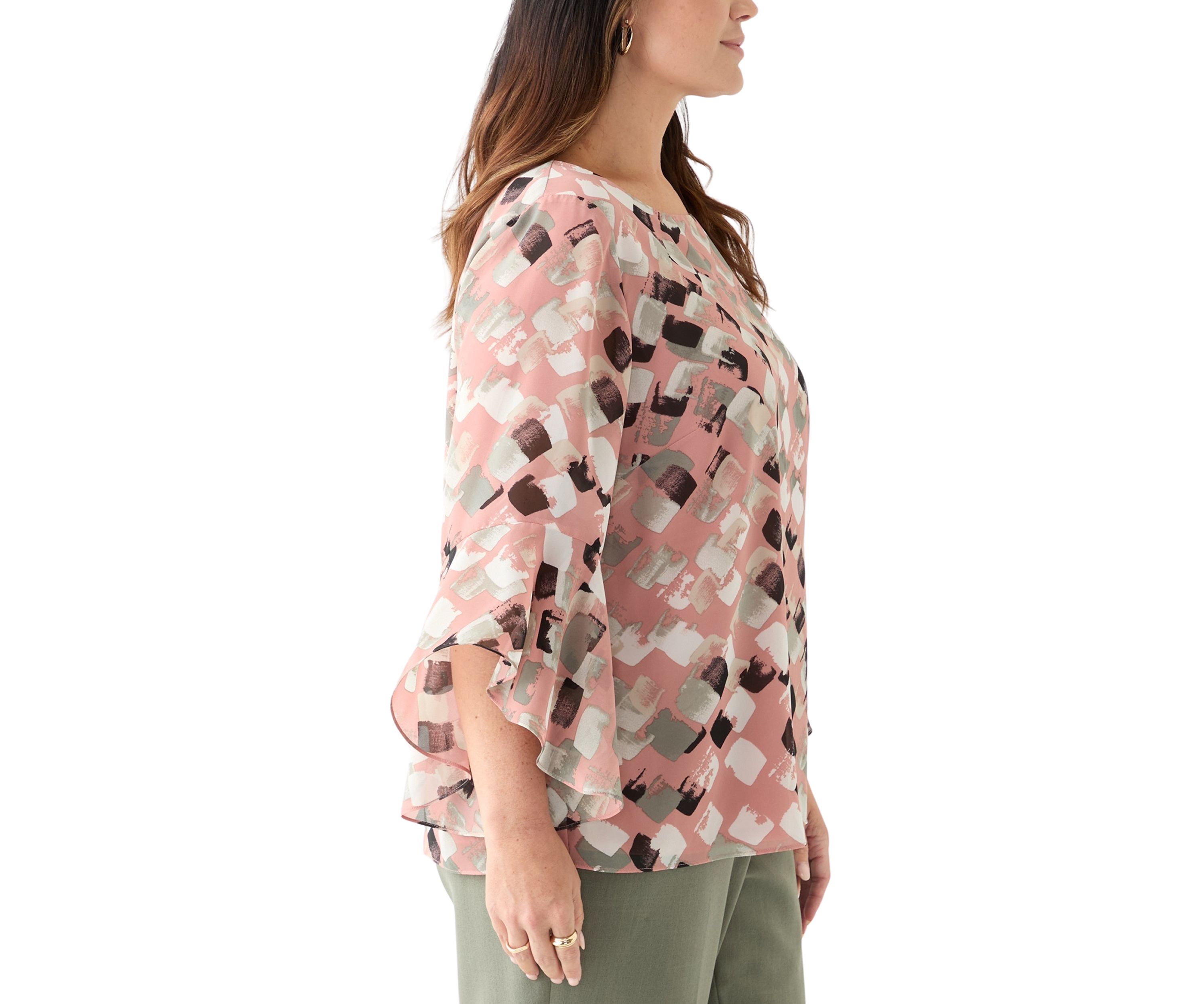 Plus Size Block Print Ruffle Sleeve Blouse