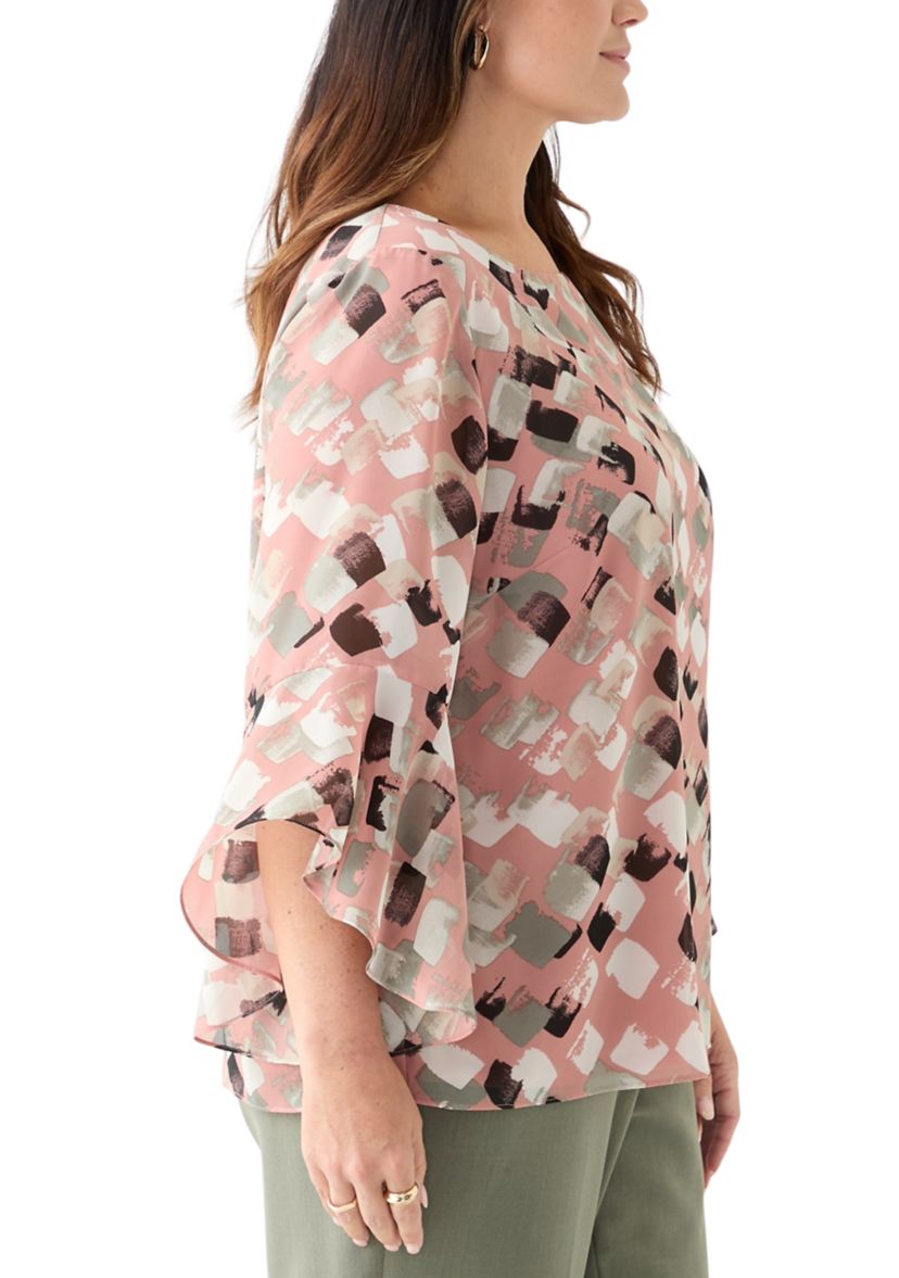 Plus Size Block Print Ruffle Sleeve Blouse
