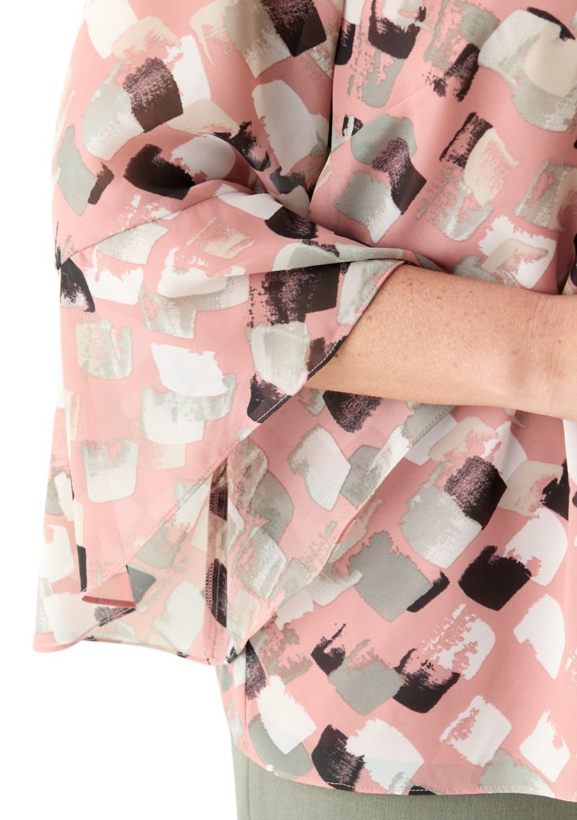 Plus Size Block Print Ruffle Sleeve Blouse