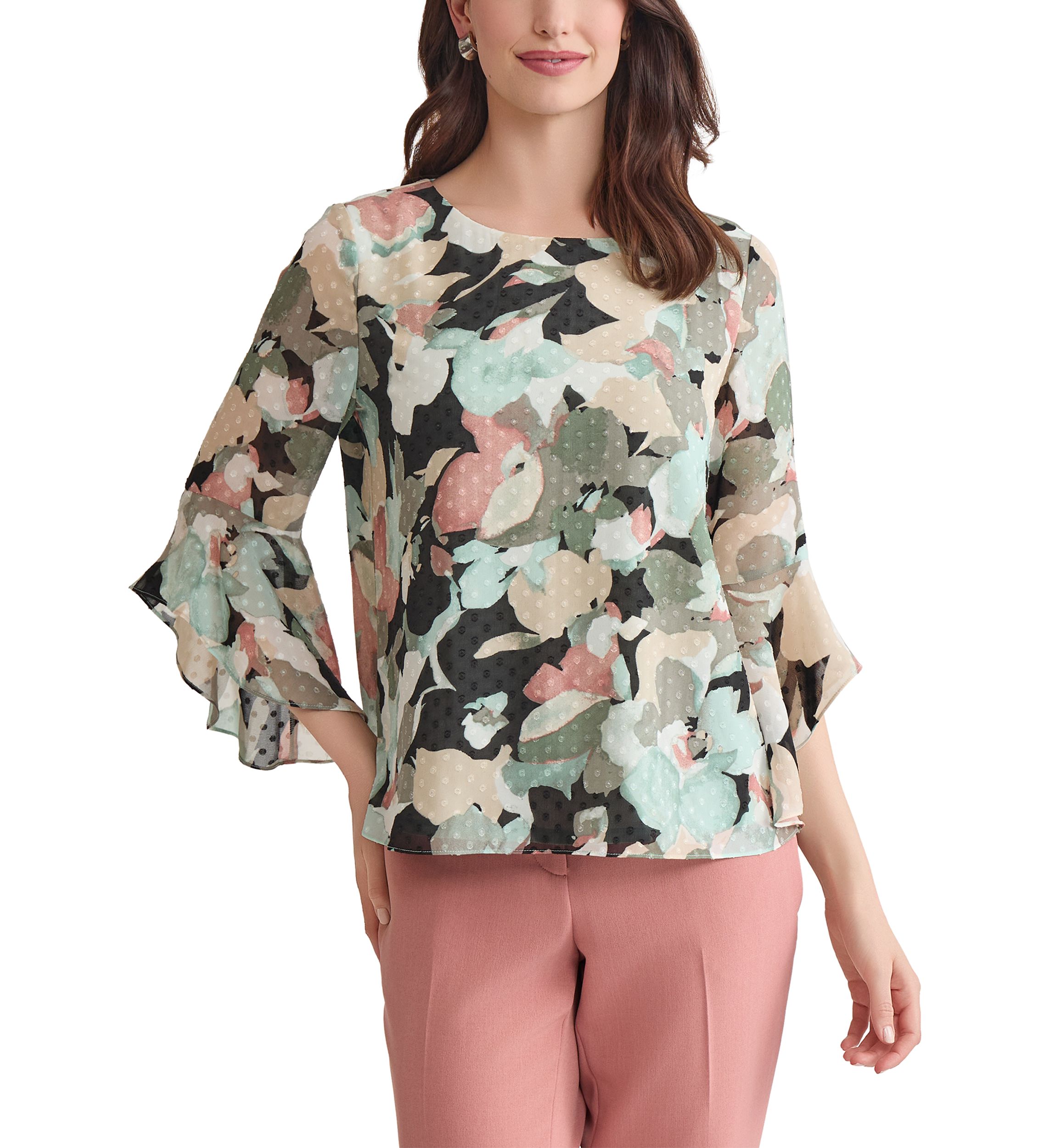 Womens Multi Floral Printed Ruffle Blouse