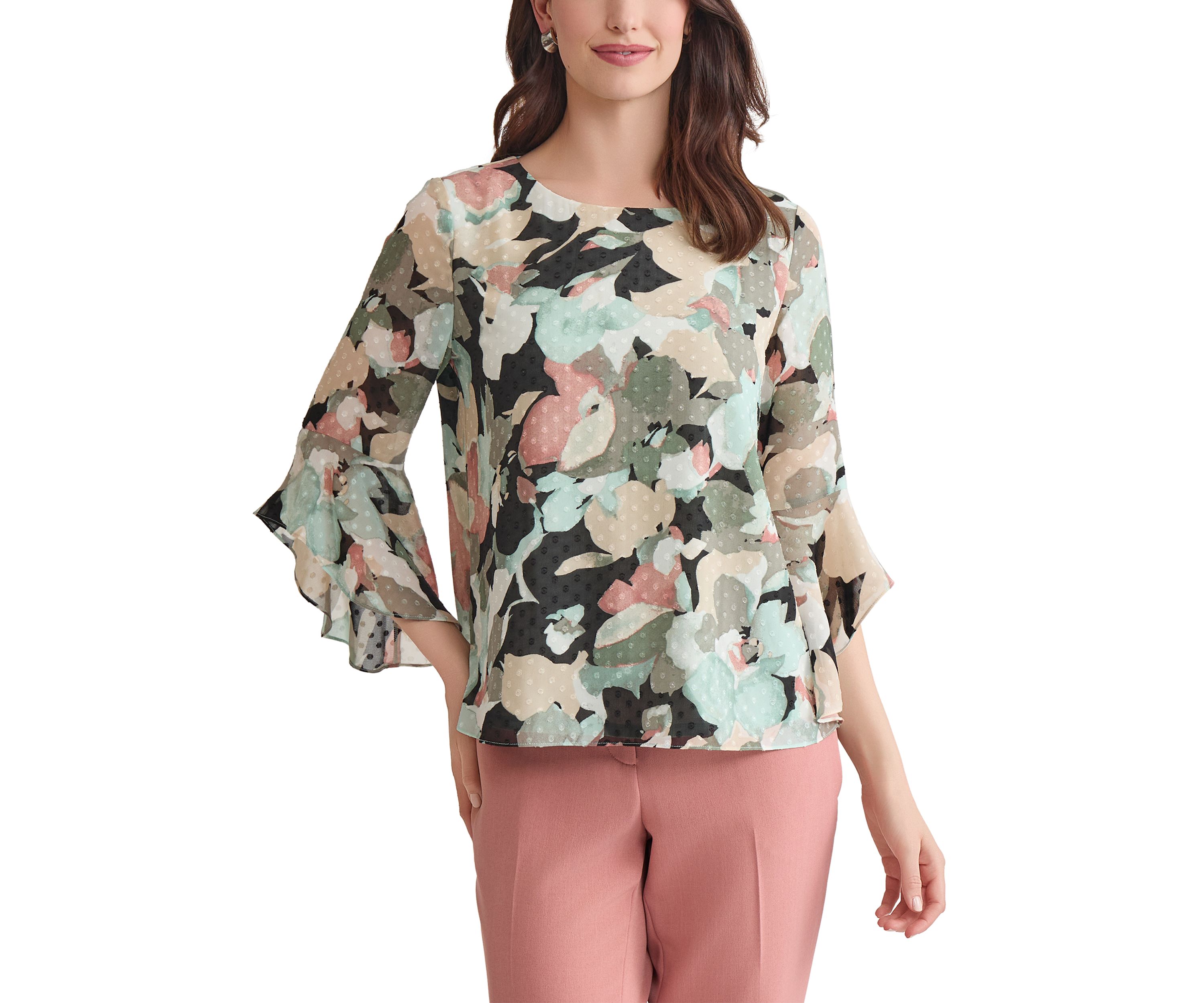 Womens Multi Floral Printed Ruffle Blouse