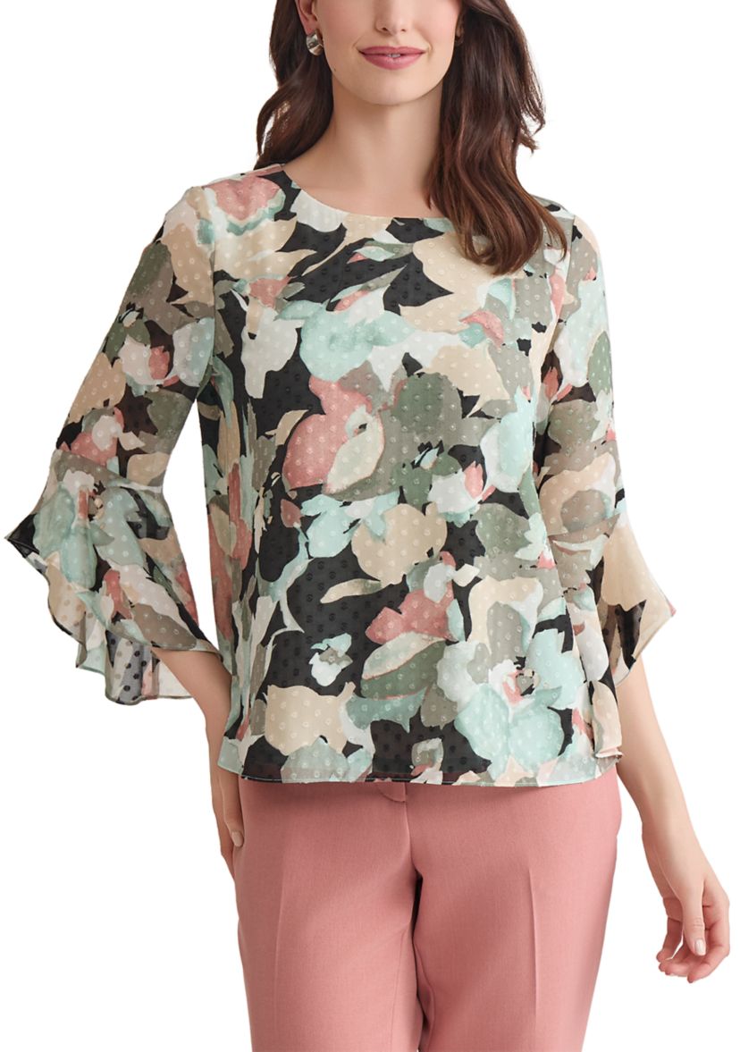 Womens Multi Floral Printed Ruffle Blouse