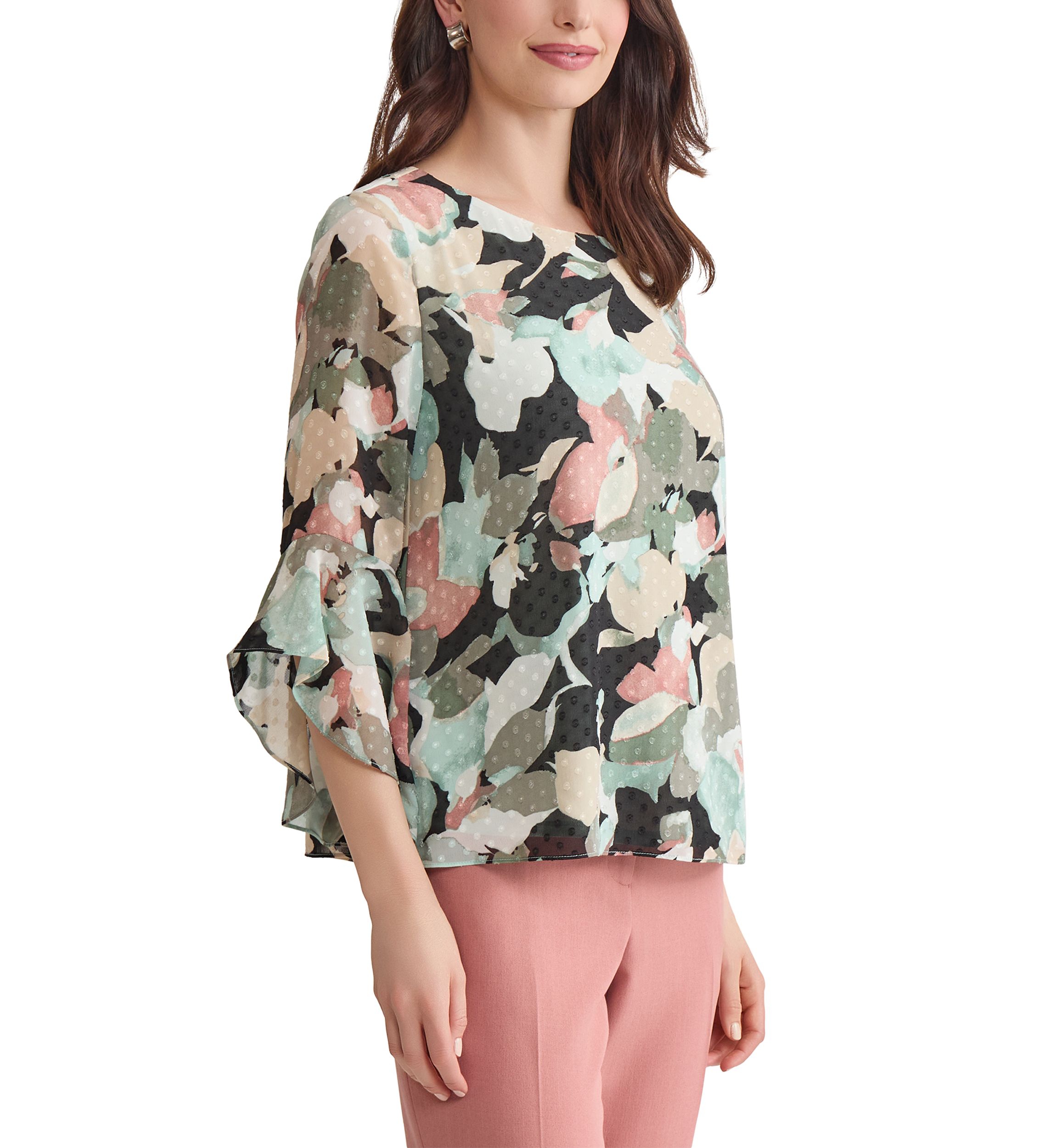 Womens Multi Floral Printed Ruffle Blouse